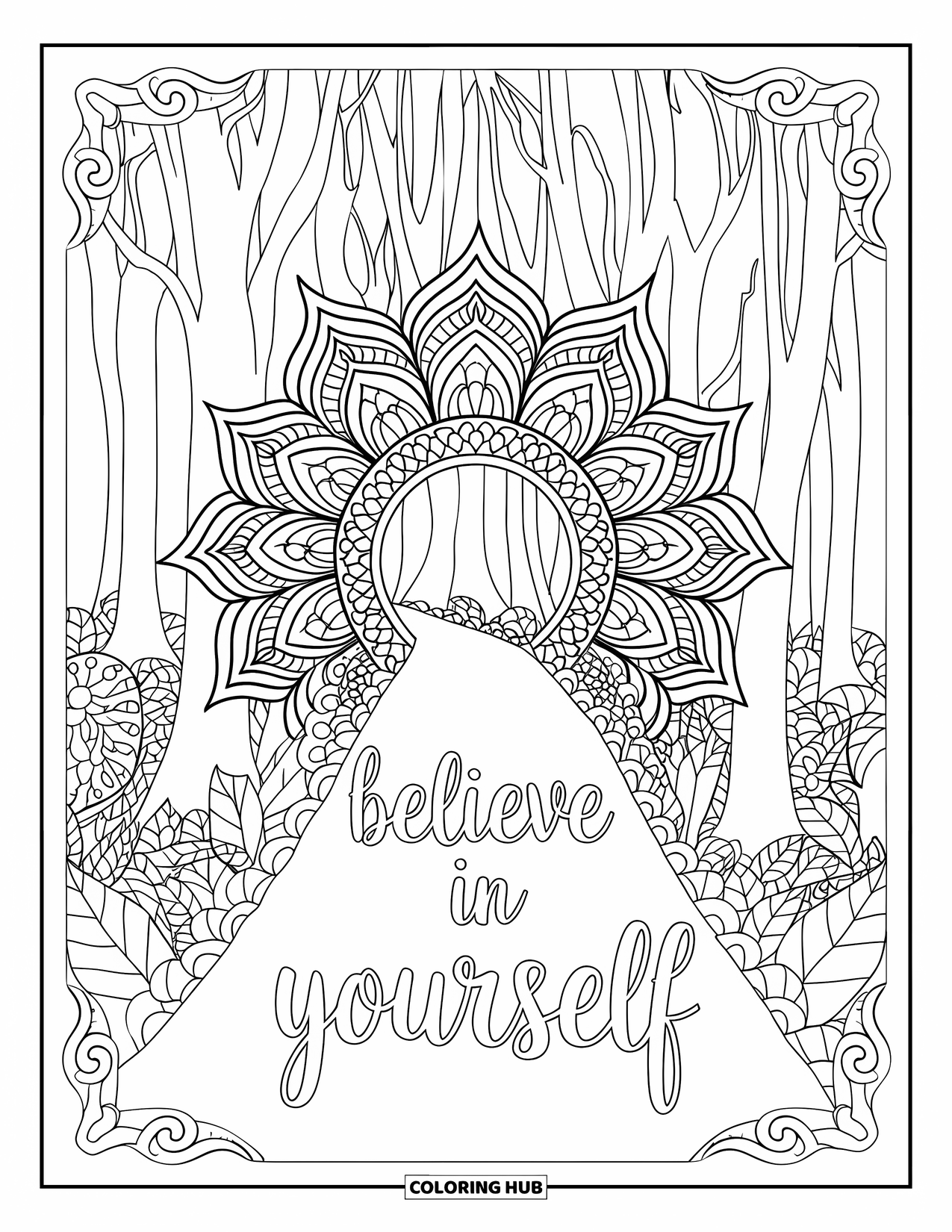Positive Self Talk Coloring Page for Adults: "Believe in Yourself" written on a path leading to a forest archway with borders