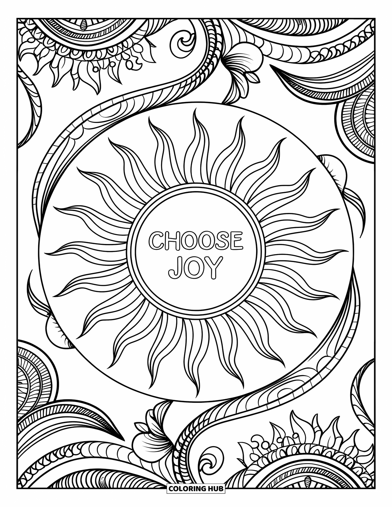 Positive Self Talk Coloring Page for Adults: "Choose Joy" placed inside a mandala sun with vines and intricate patterns