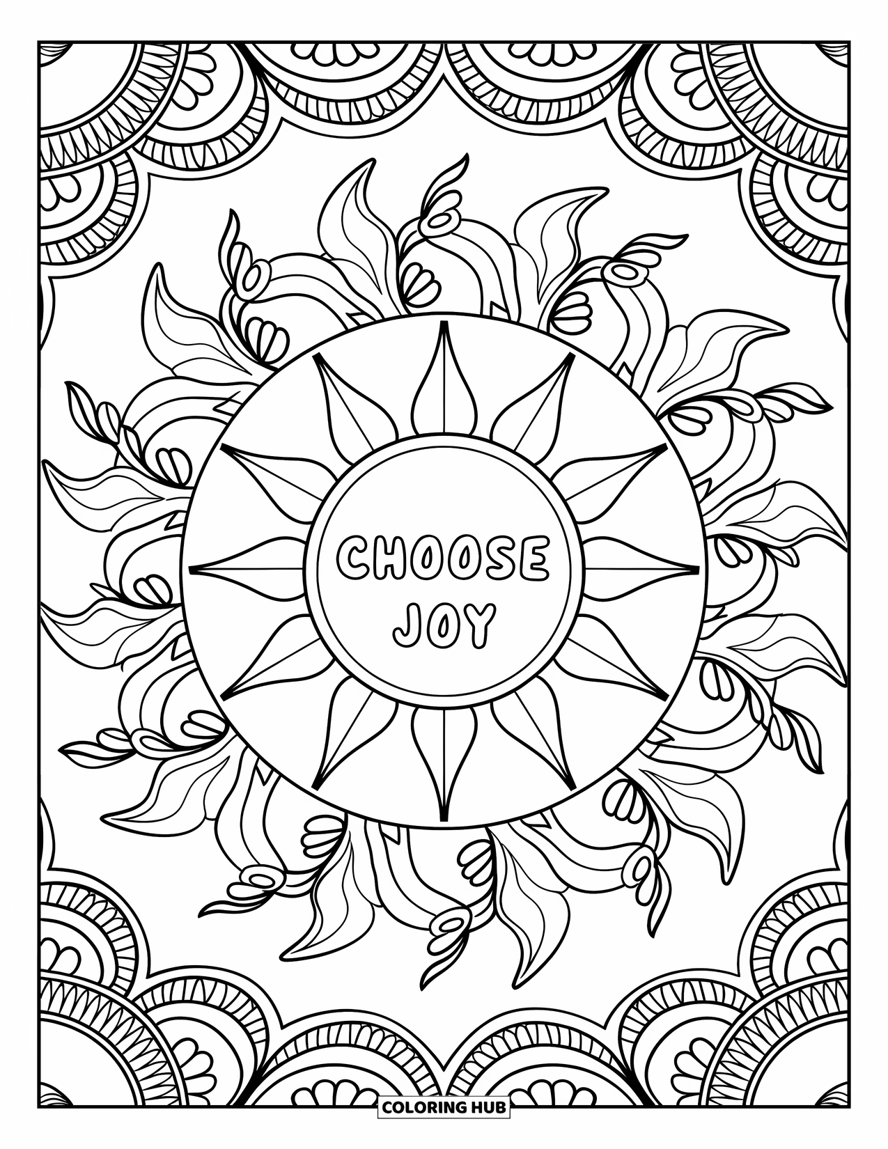 Positive Self Talk Coloring Page for Adults: "Choose Joy" written in the middle of a mandala sun wrapped with leafy vines