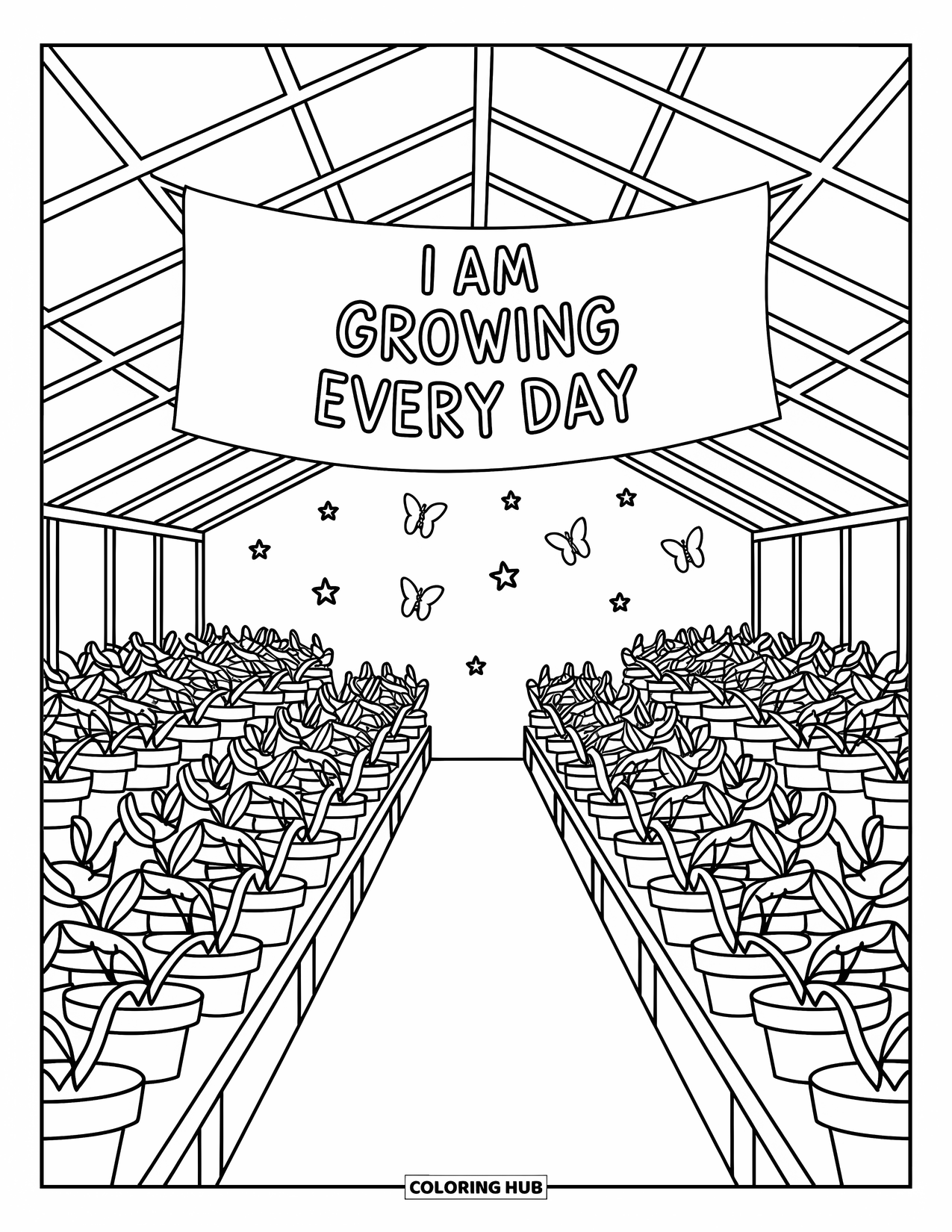 Positive Self Talk Coloring Page for Adults: "I am growing every day" displayed in a cozy greenhouse with plants, butterflies, and stars