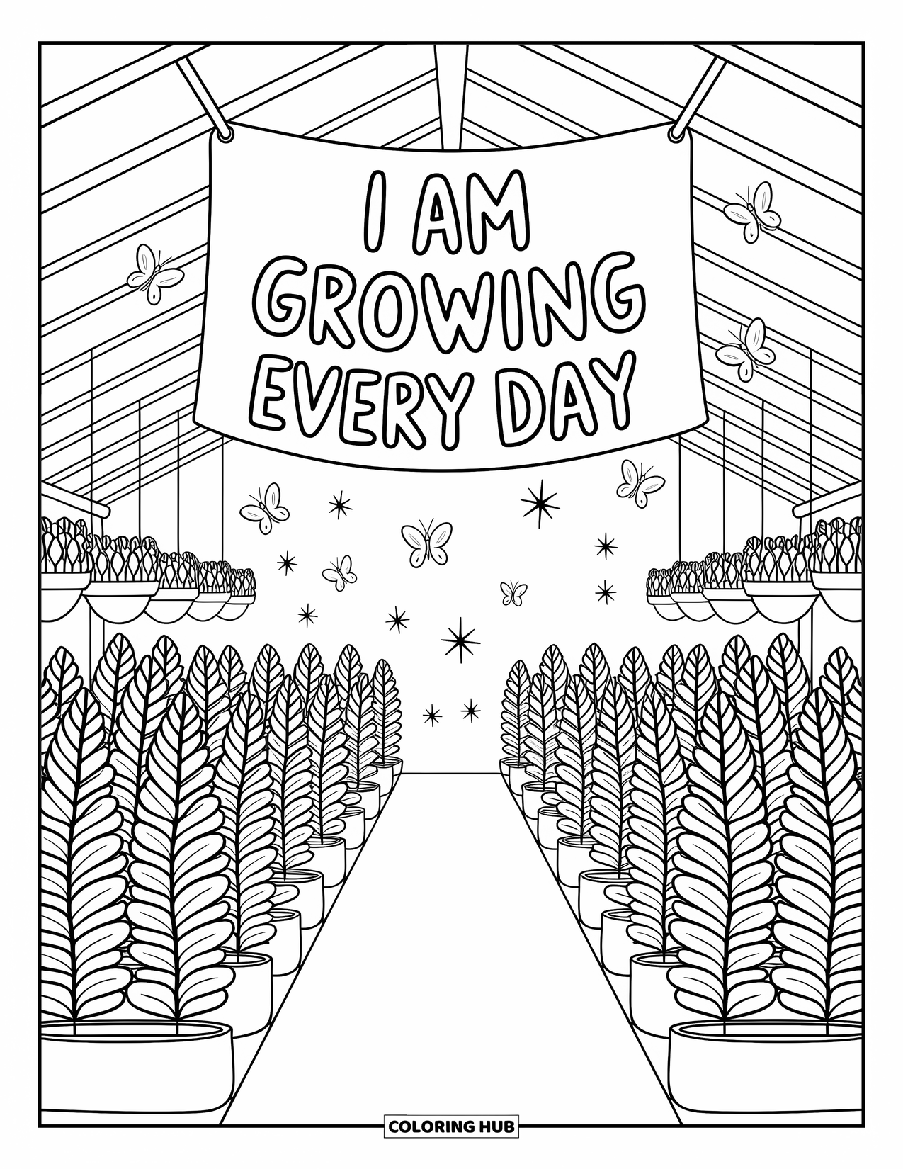 Positive Self Talk Coloring Page for Adults: "I am growing every day" glowing above plants and butterflies in a cozy greenhouse