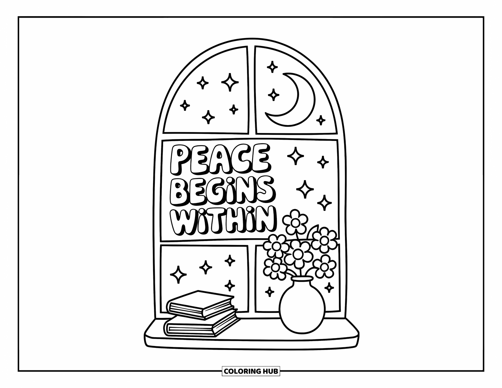Positive Self Talk Coloring Page for Adults: "Peace begins within" framed in an arched window with books and flowers on the sill