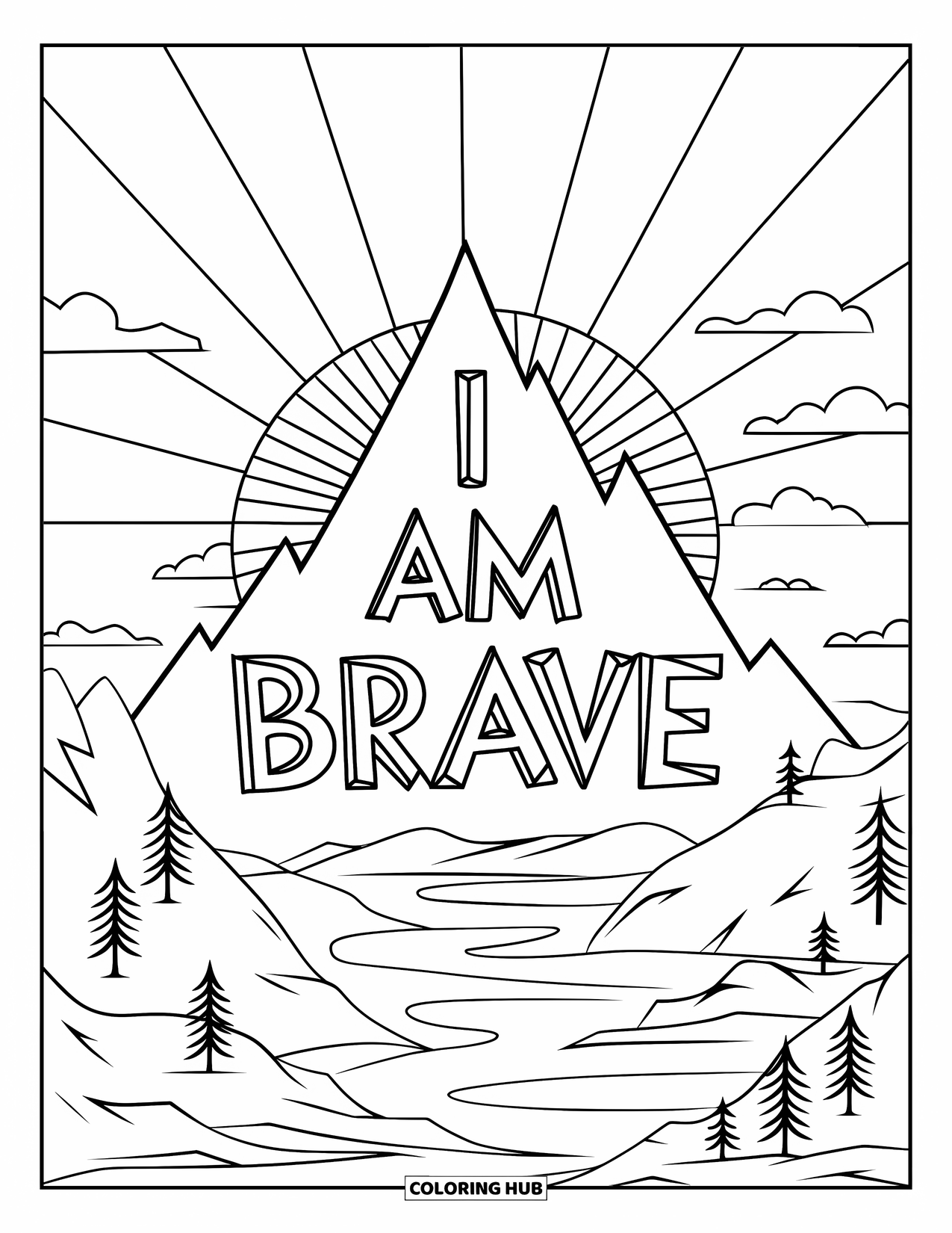 Positive Self Talk Coloring Page for Kids: "I Am Brave" carved into a mountain peak with the sunrise behind