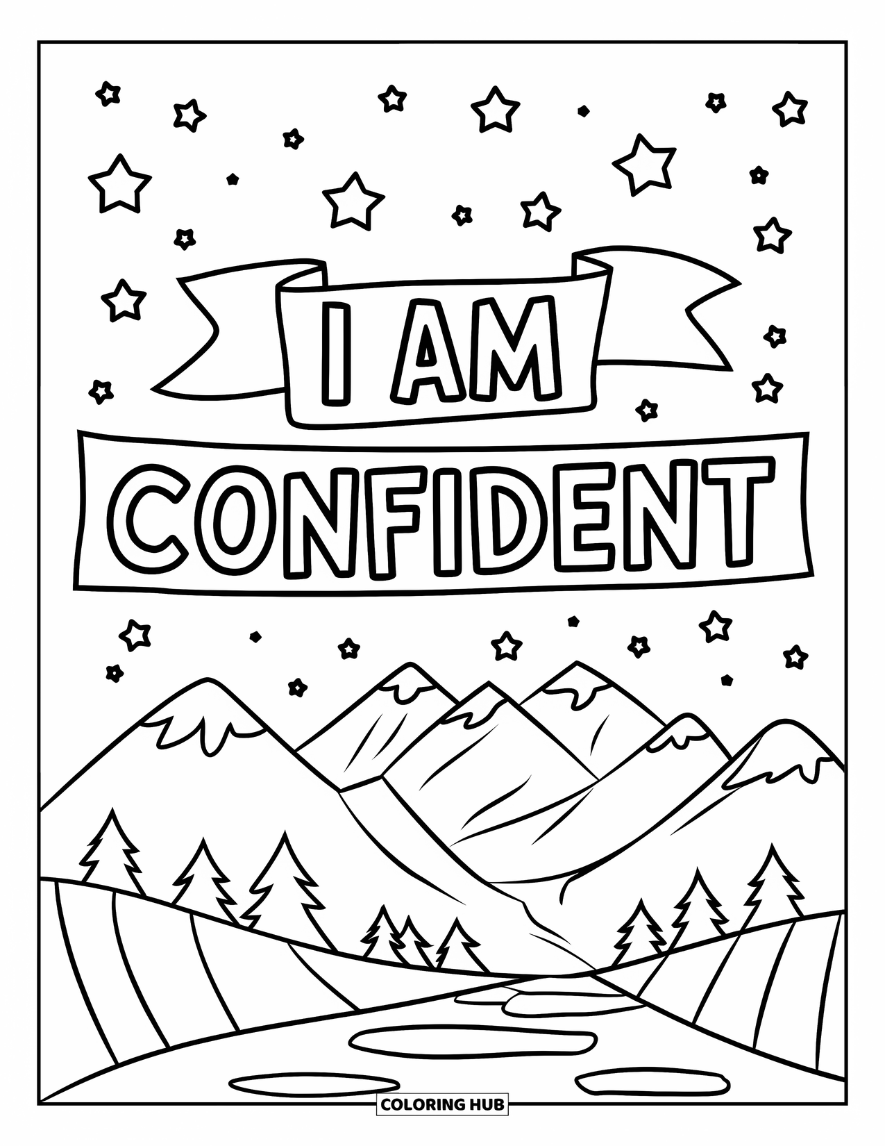 Positive Self Talk Coloring Page for Kids: "I Am Confident" written across a banner floating in the starry sky