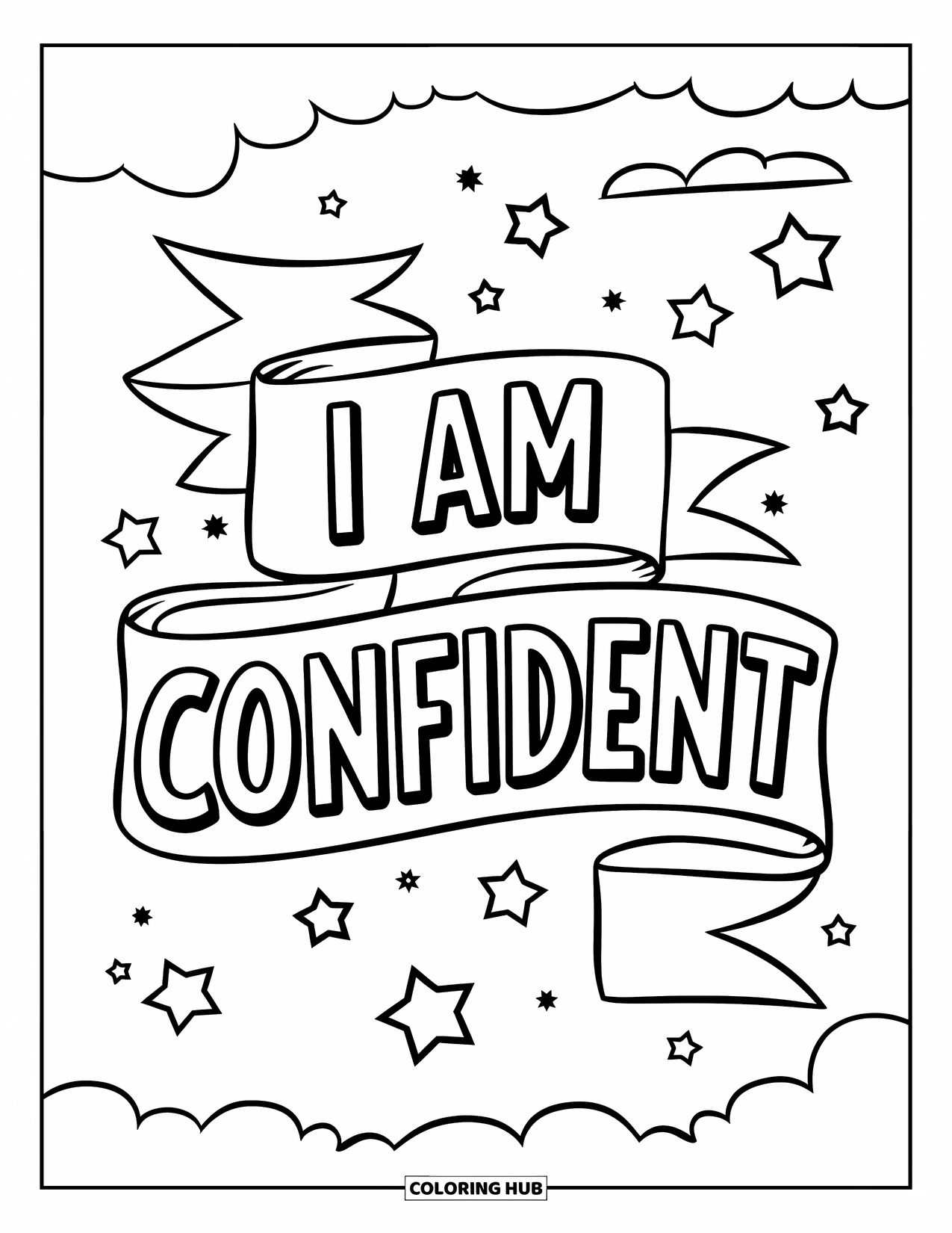 Positive Self Talk Coloring Page for Kids: "I Am Confident" written on a sky banner surrounded by stars