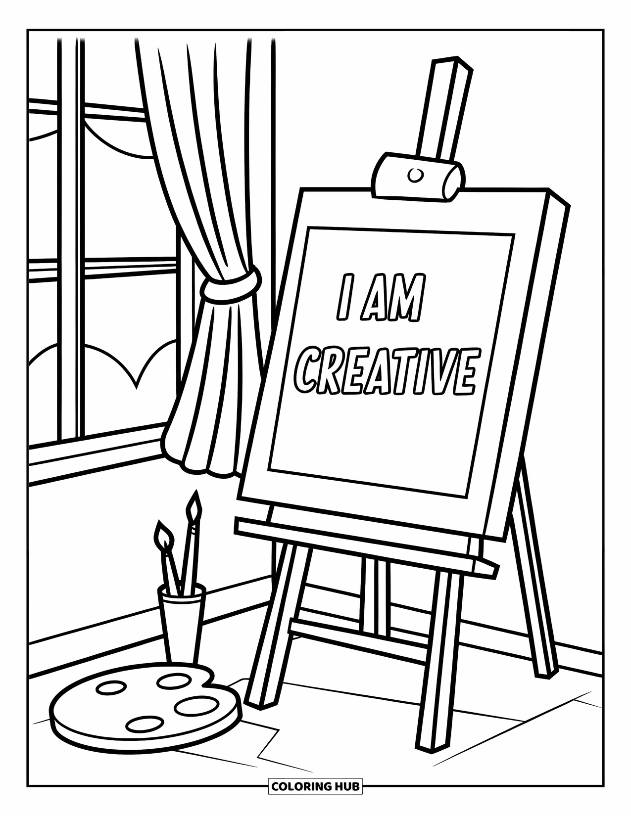Positive Self Talk Coloring Page for Kids: "I Am Creative" written on a canvas in a cozy art corner