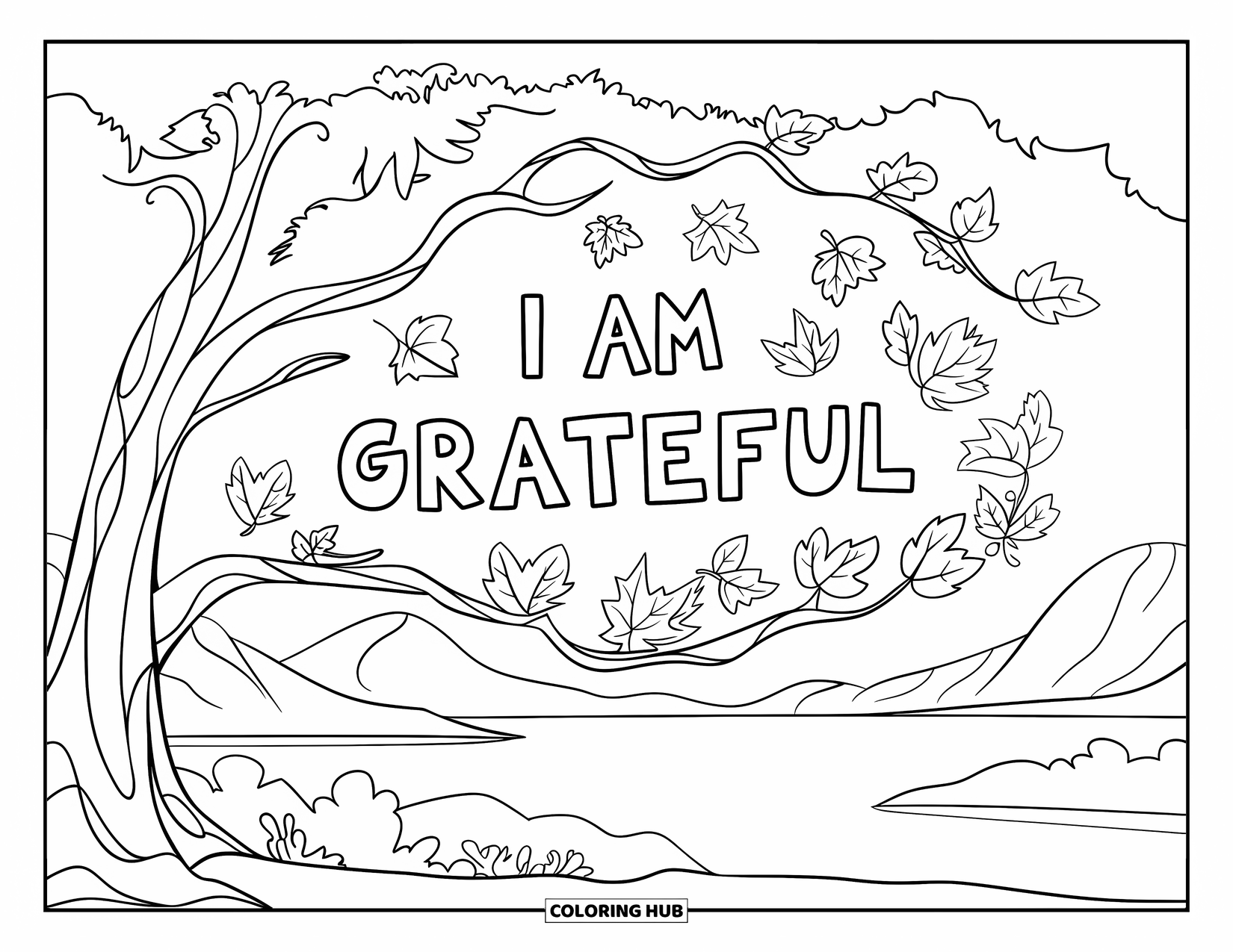 Positive Self Talk Coloring Page for Kids: "I Am Grateful" written on falling leaves from a big autumn tree by a lake