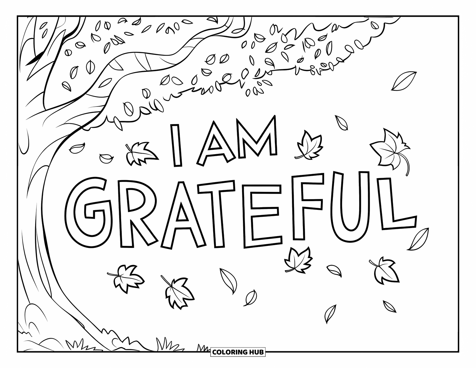 Positive Self Talk Coloring Page for Kids: "I Am Grateful" written on falling leaves from a large autumn tree