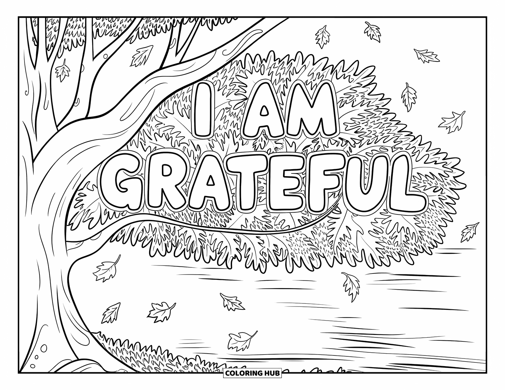 Positive Self Talk Coloring Page for Kids: "I Am Grateful" written on tree leaves with a lake reflecting the scene