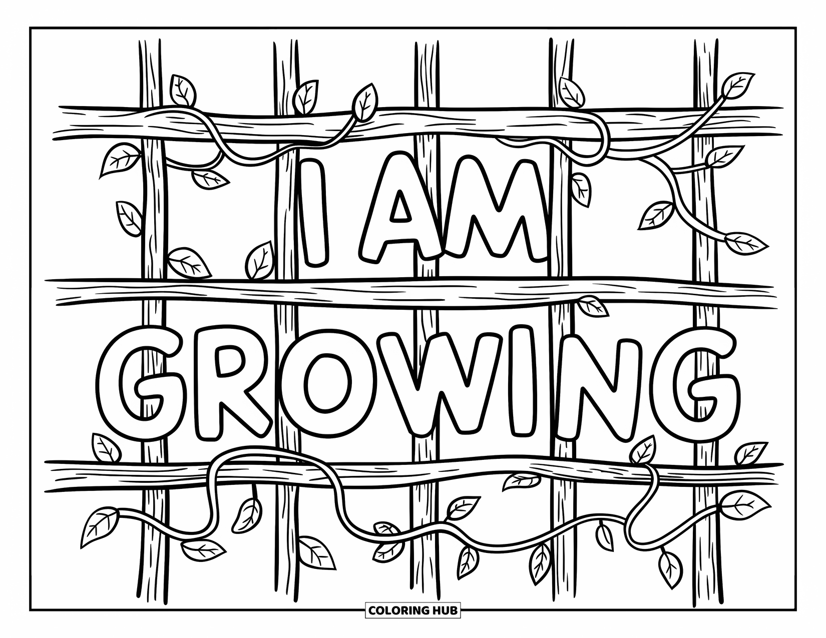 Positive Self Talk Coloring Page for Kids: "I Am Growing" written across vines climbing a wooden trellis