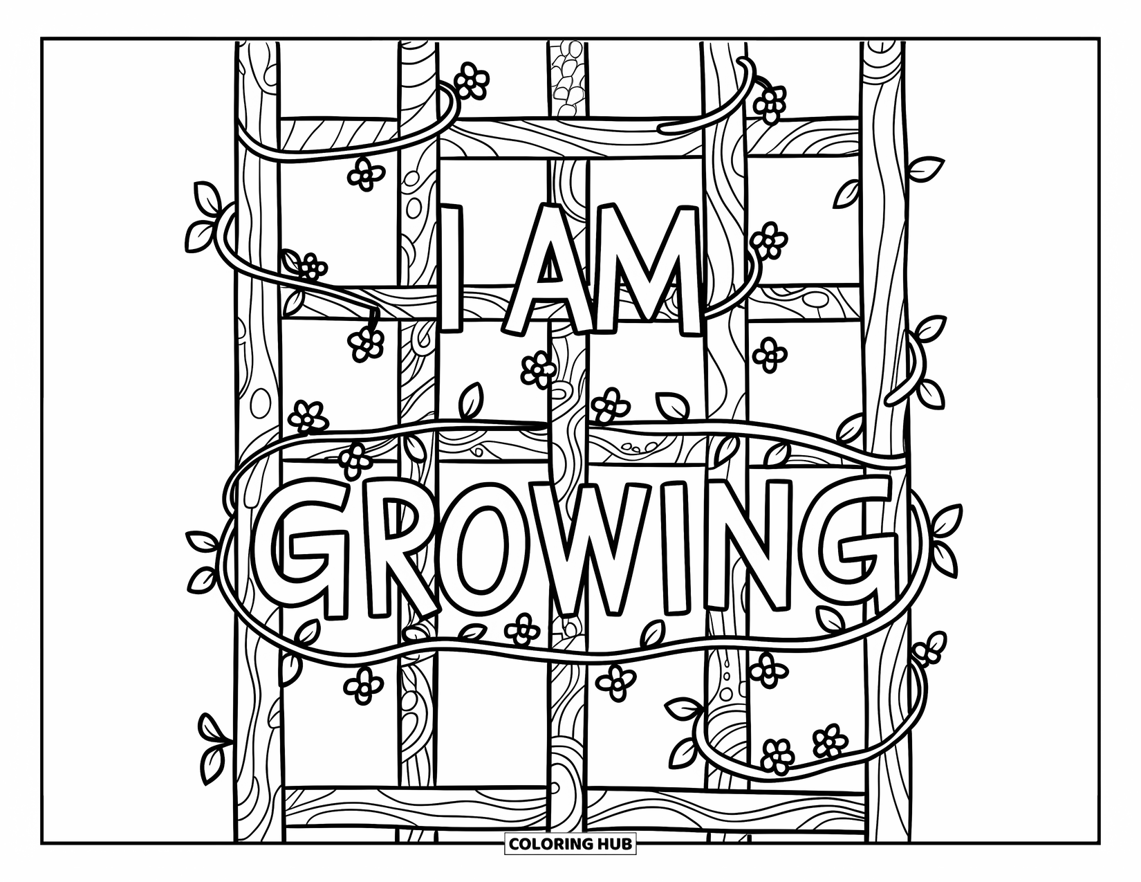 Positive Self Talk Coloring Page for Kids: "I Am Growing" written on flowery vines twining up a wooden trellis