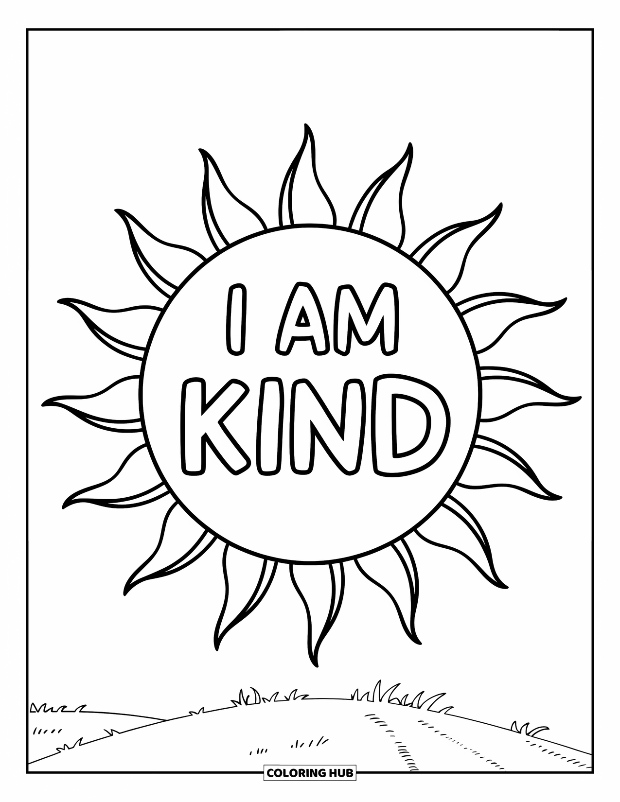Positive Self Talk Coloring Page for Kids: "I Am Kind" written inside a large sun shining over a hill