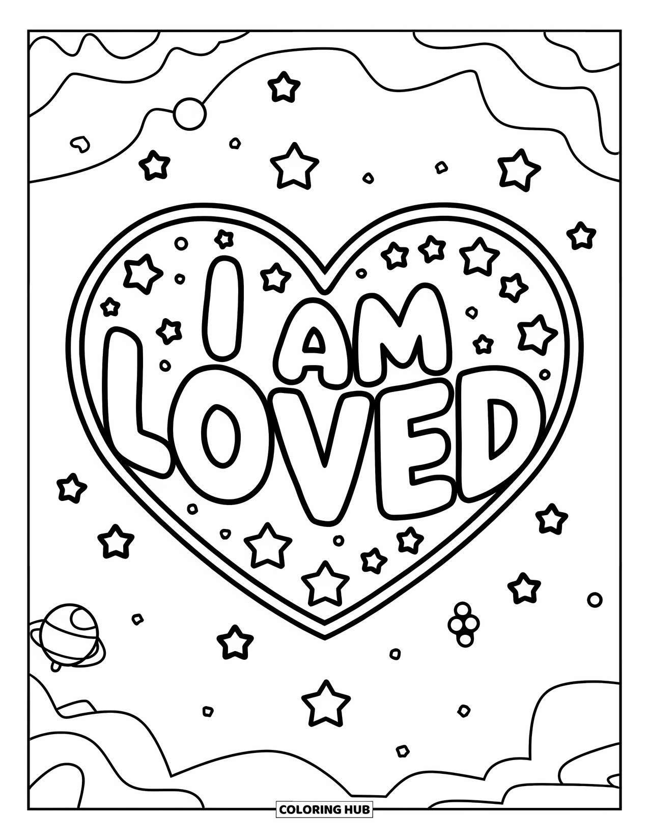 Positive Self Talk Coloring Page for Kids: "I Am Loved" shining inside a heart-shaped constellation in the night sky