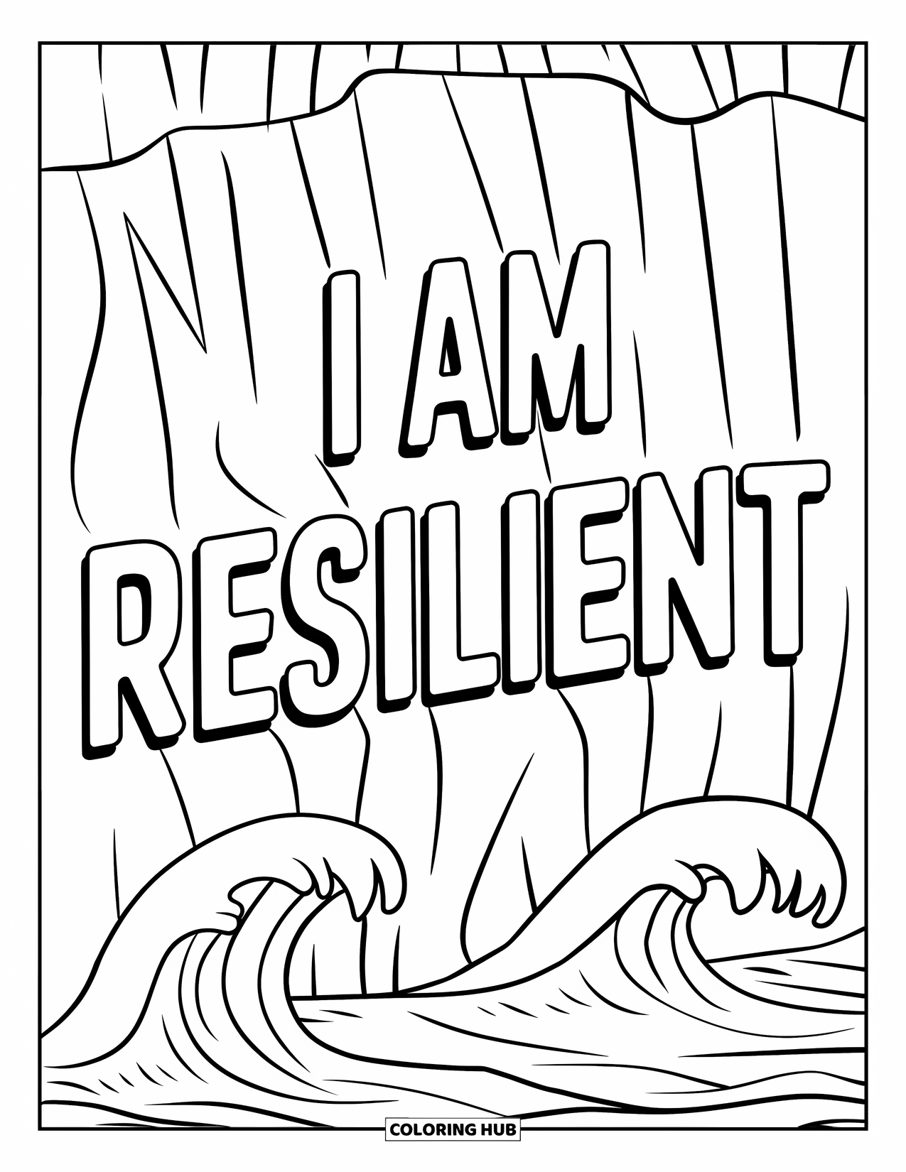 Positive Self Talk Coloring Page for Kids: "I Am Resilient" carved into a cliff wall above the ocean waves