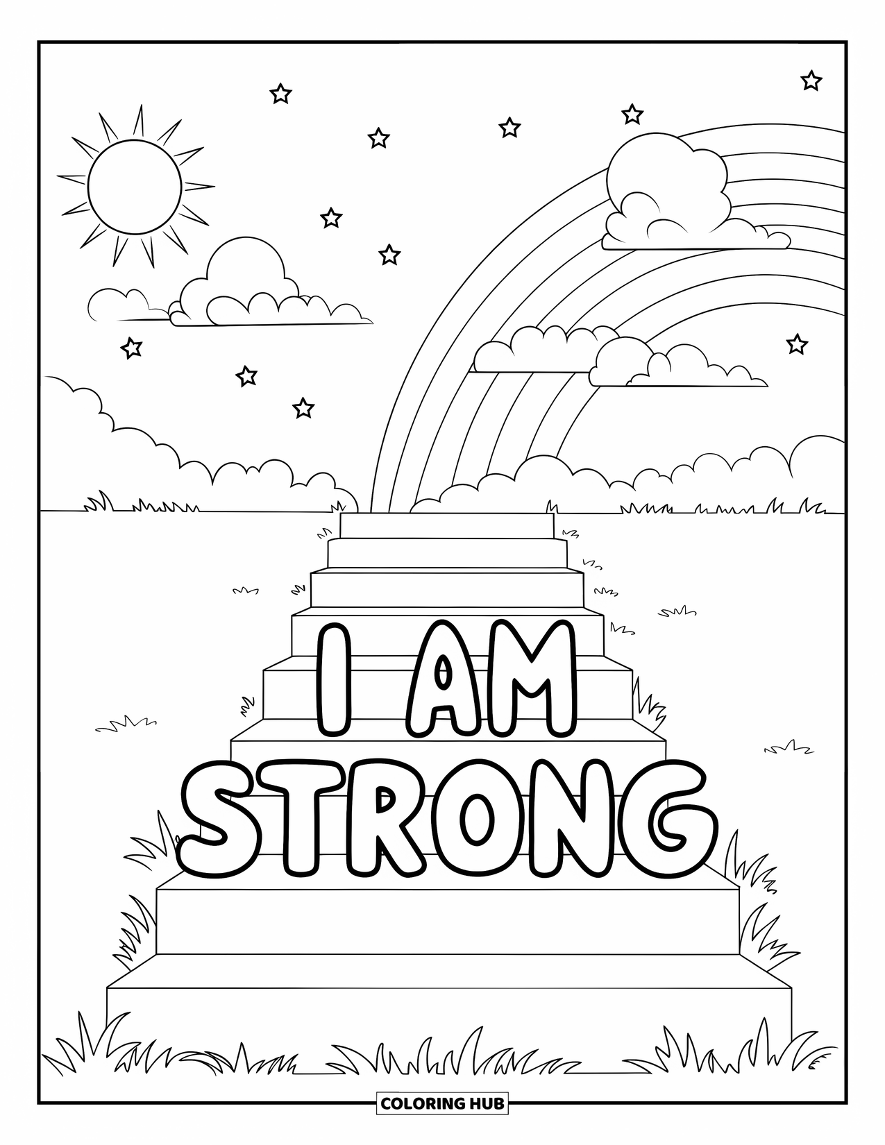 Positive Self Talk Coloring Page for Kids: "I Am Strong" written on a staircase with rainbow, sun, and clouds