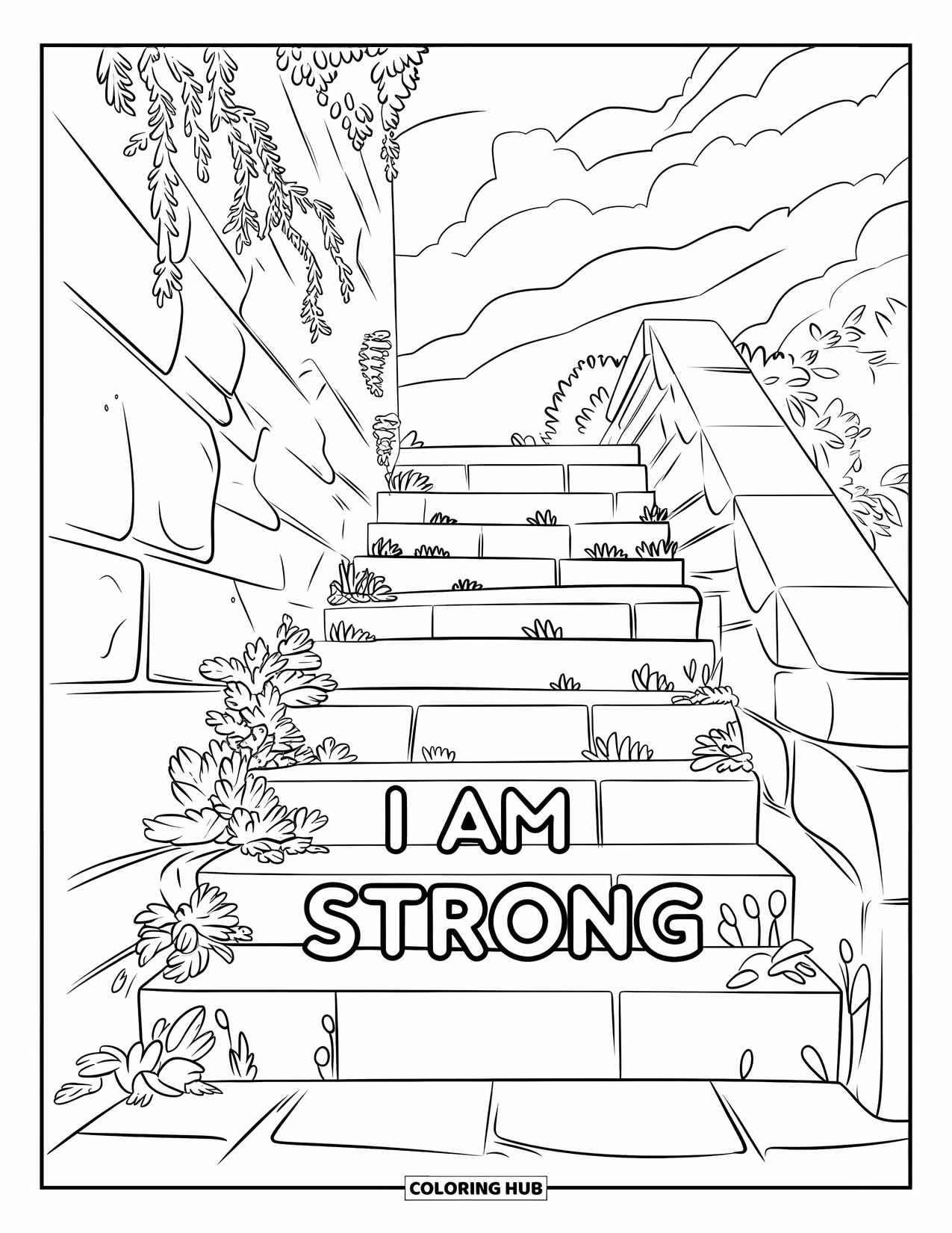 Positive Self Talk Coloring Page for Kids: "I Am Strong" written on stone steps surrounded by plants and a squirrel