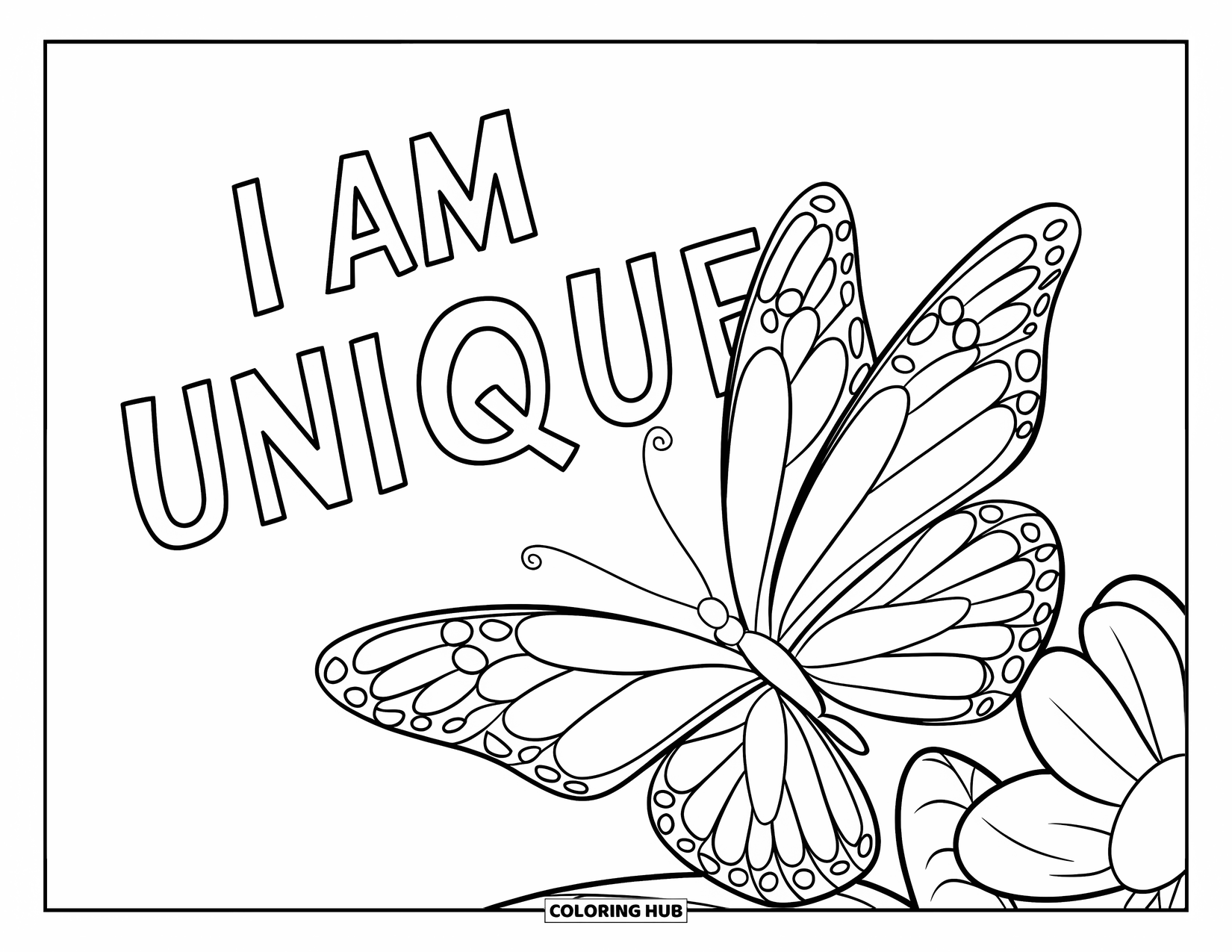 Positive Self Talk Coloring Page for Kids: "I Am Unique" written above a butterfly flying over a flower