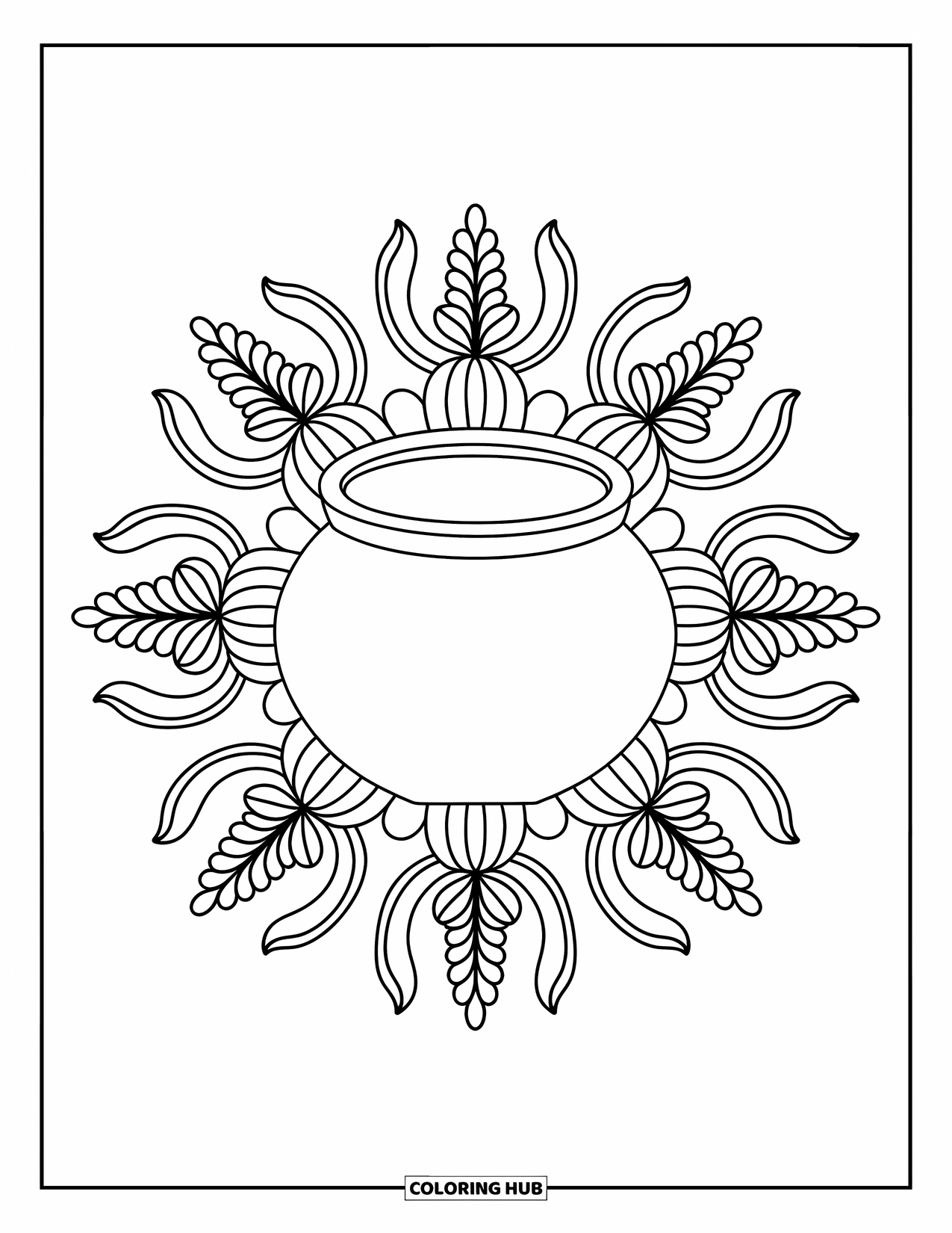 Pot Of Gold Coloring Page for Adults: Centered pot of gold framed by symmetrical mandala floral patterns