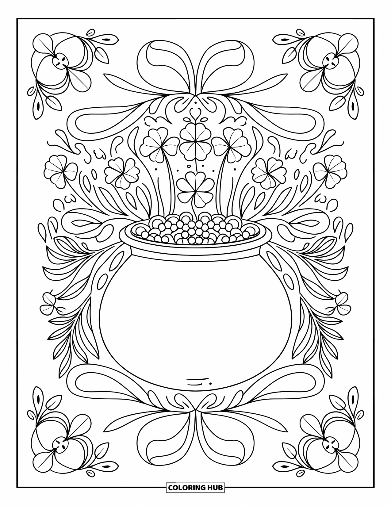 Pot Of Gold Coloring Page for Adults: Centered pot of gold with shamrocks and blooming botanical flourishes