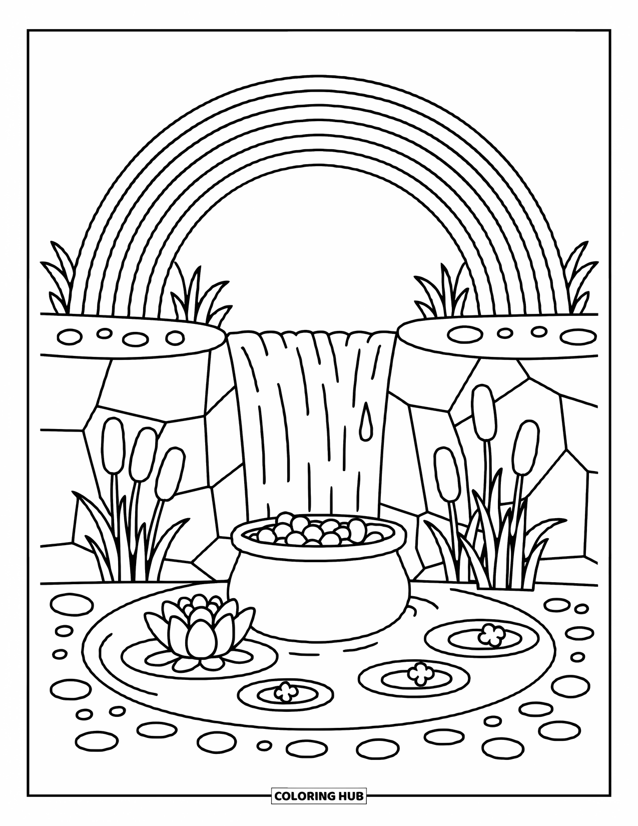 Pot Of Gold Coloring Page for Adults: Cliff waterfall with pot of gold by lilies, cattails, and rainbow overhead