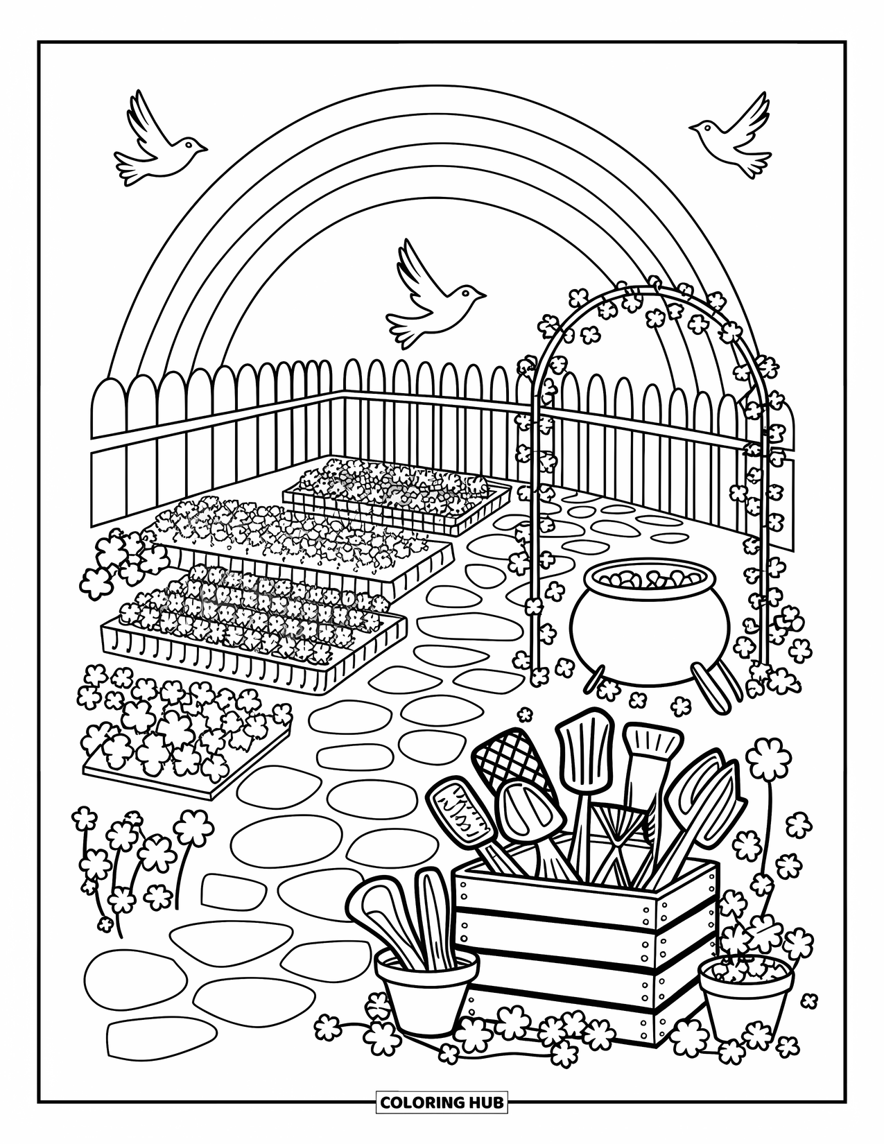 Pot Of Gold Coloring Page for Adults: Fenced garden with pot of gold, flowers, shamrocks, and rainbow with birds