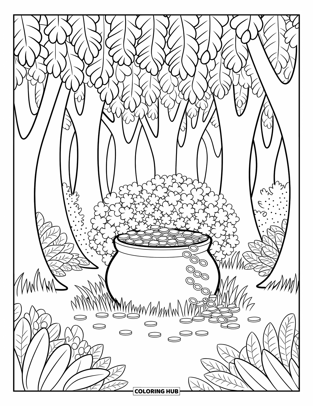 Pot Of Gold Coloring Page for Adults: Forest clearing with pot of gold, flowering bushes, and spilling coins