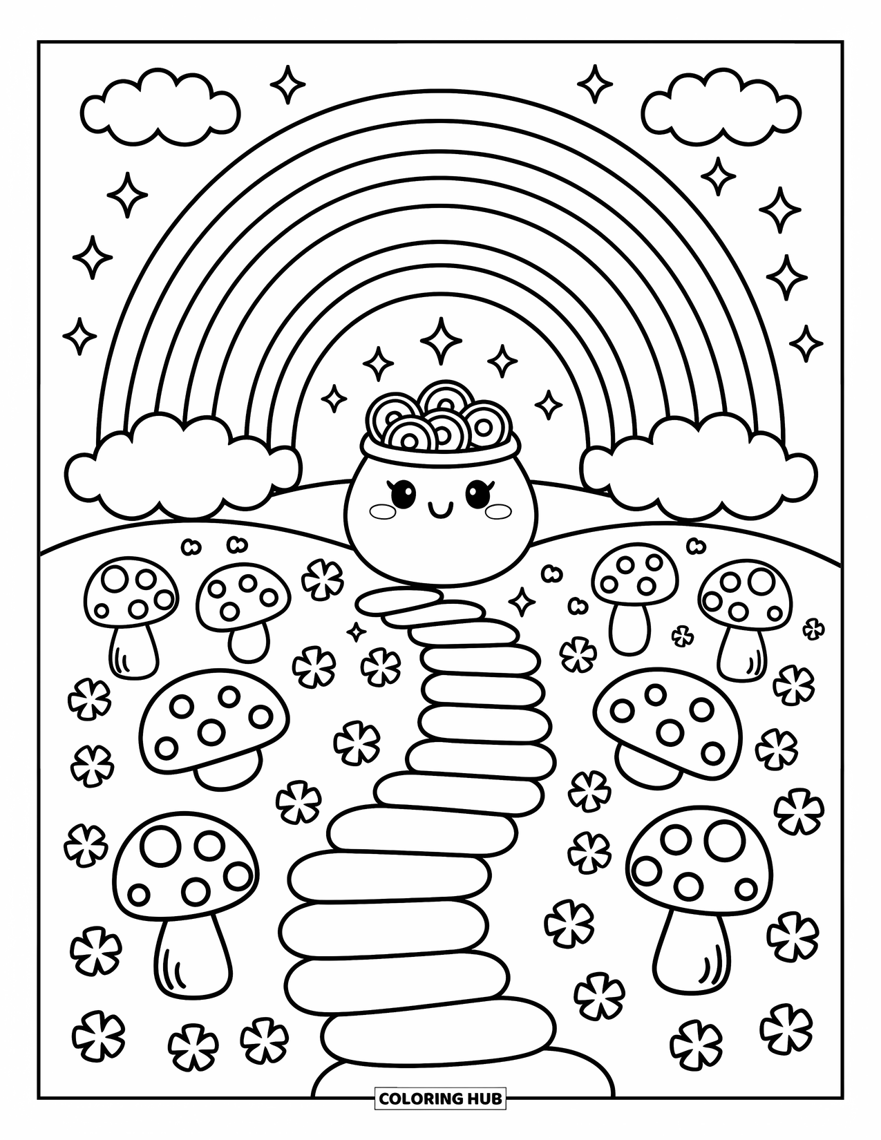 Pot Of Gold Coloring Page for Adults: Path with mushrooms and clovers ending in rainbow sheltering a pot of gold