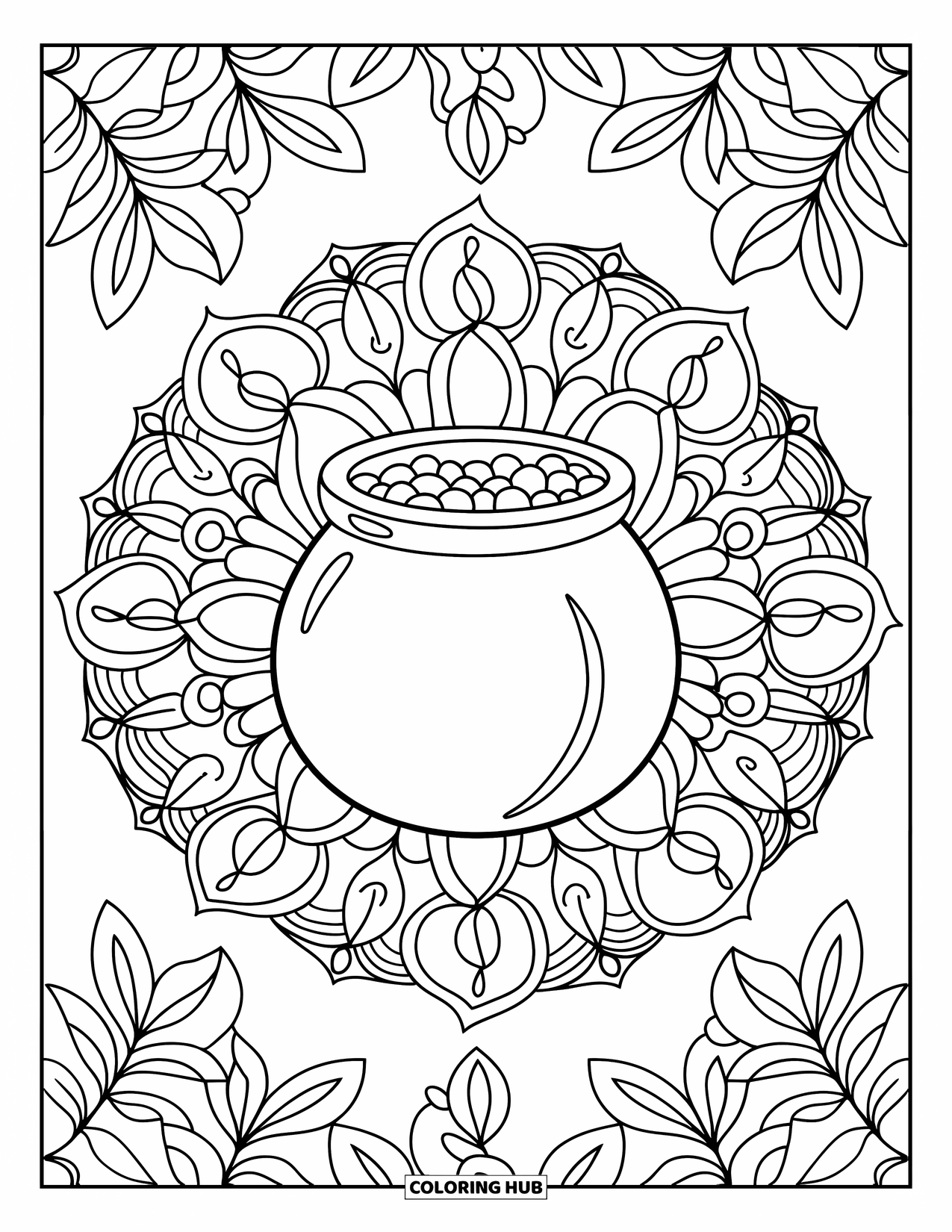 Pot Of Gold Coloring Page for Adults: Pot of gold centered in symmetrical botanical mandala patterns