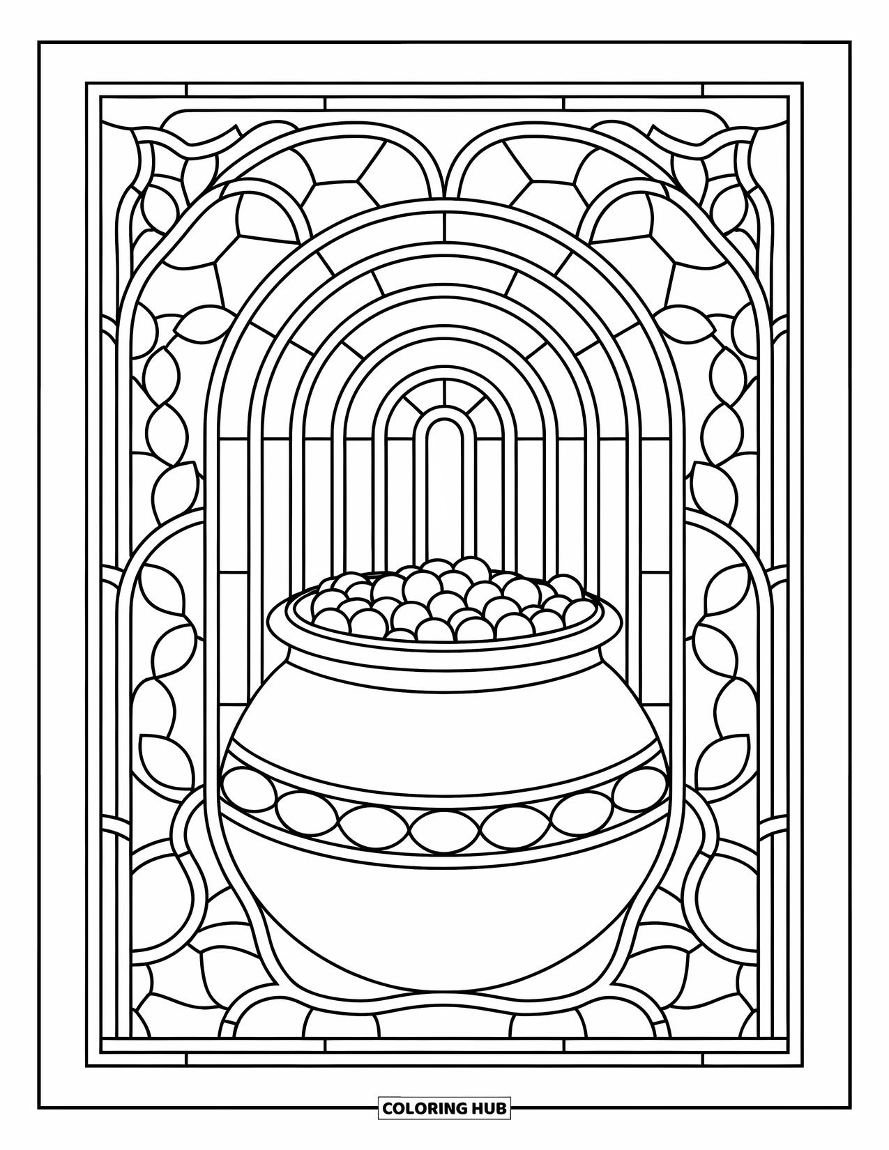 Pot Of Gold Coloring Page for Adults: Pot of gold framed by rainbow panels and geometric vines