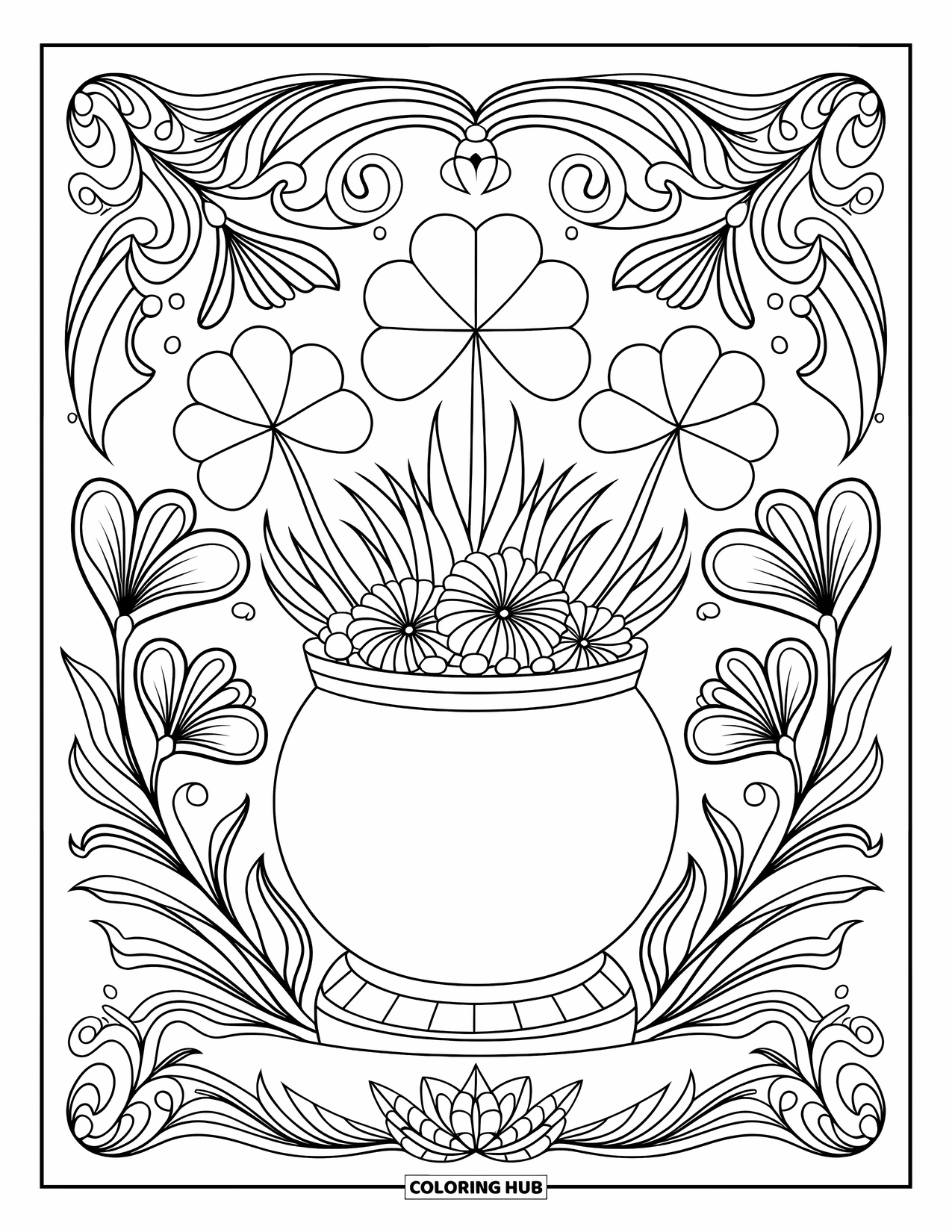 Pot Of Gold Coloring Page for Adults: Pot of gold on stone base with shamrocks, vines, and decorative borders