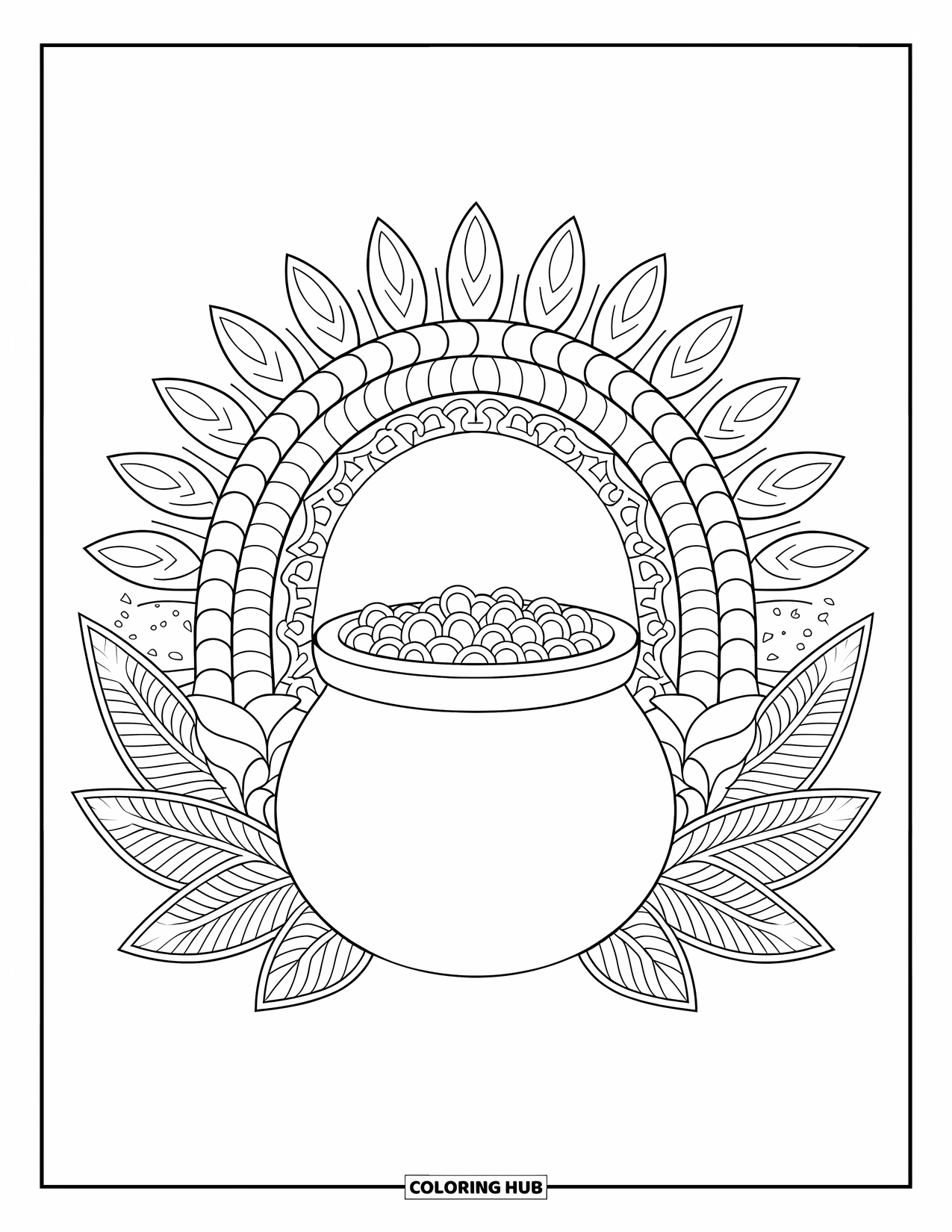 Pot Of Gold Coloring Page for Adults: Pot of gold under patterned mandala rainbow arc with leafy designs
