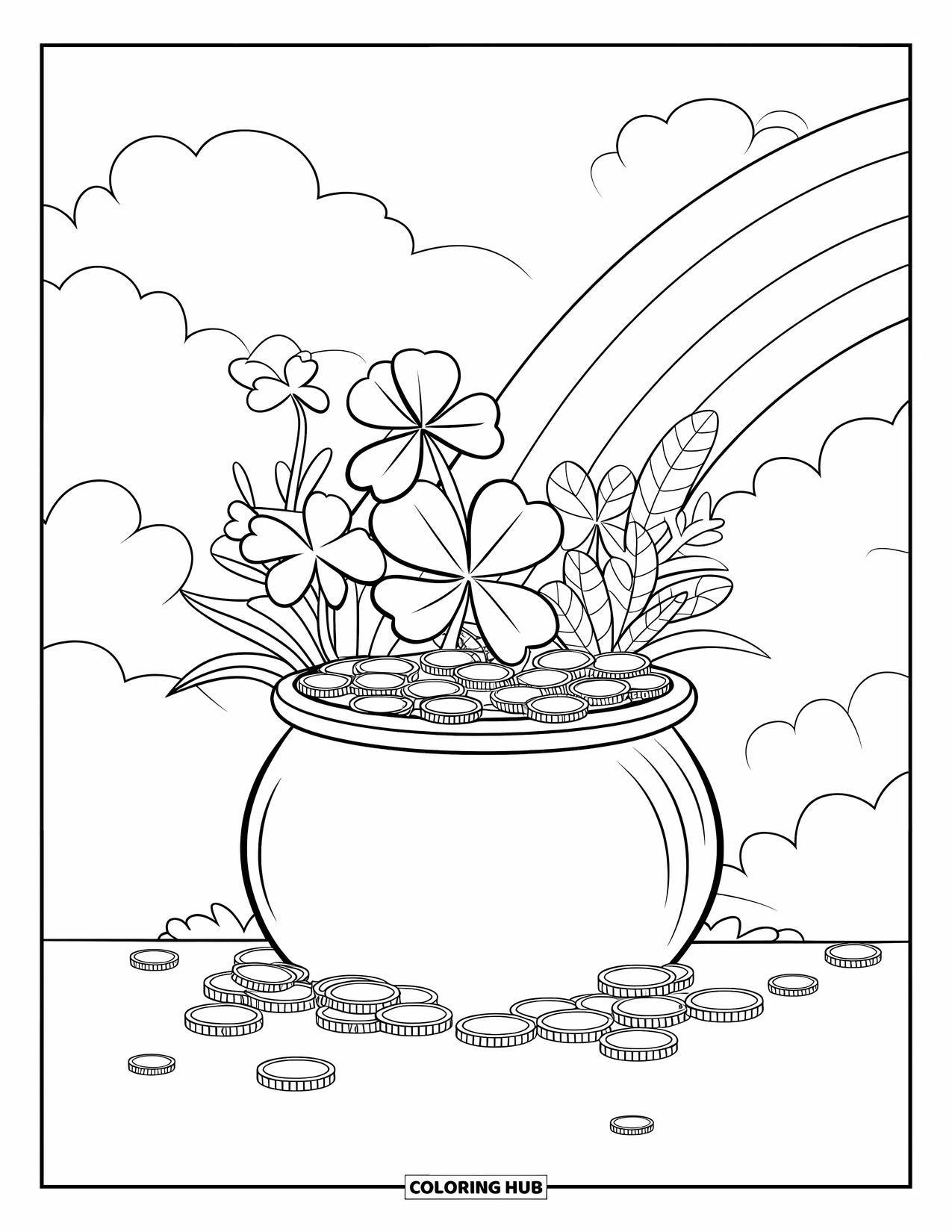 Pot Of Gold Coloring Page for Adults: Pot of gold under rainbow with shamrocks, coins, and cloudy sky