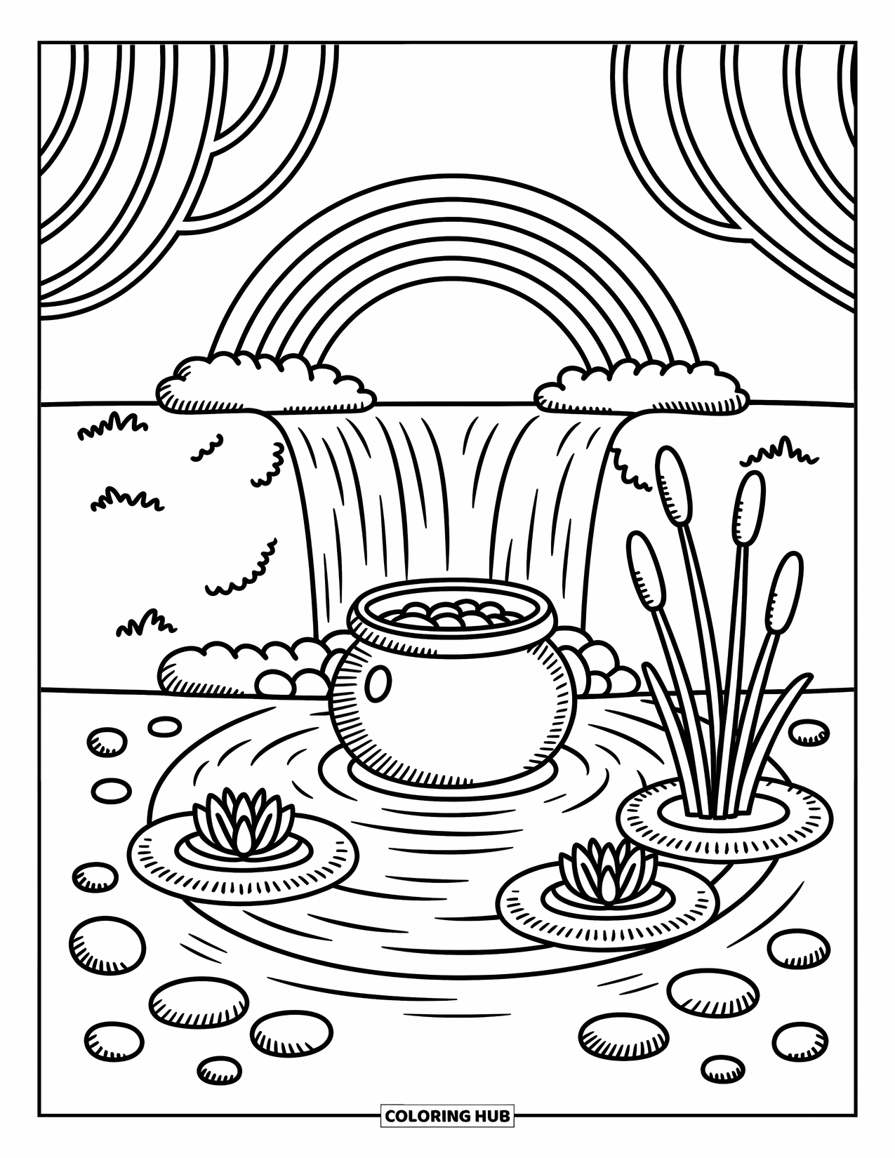 Pot Of Gold Coloring Page for Adults: Waterfall flowing into pond with pot of gold, lilies, cattails, and rainbow