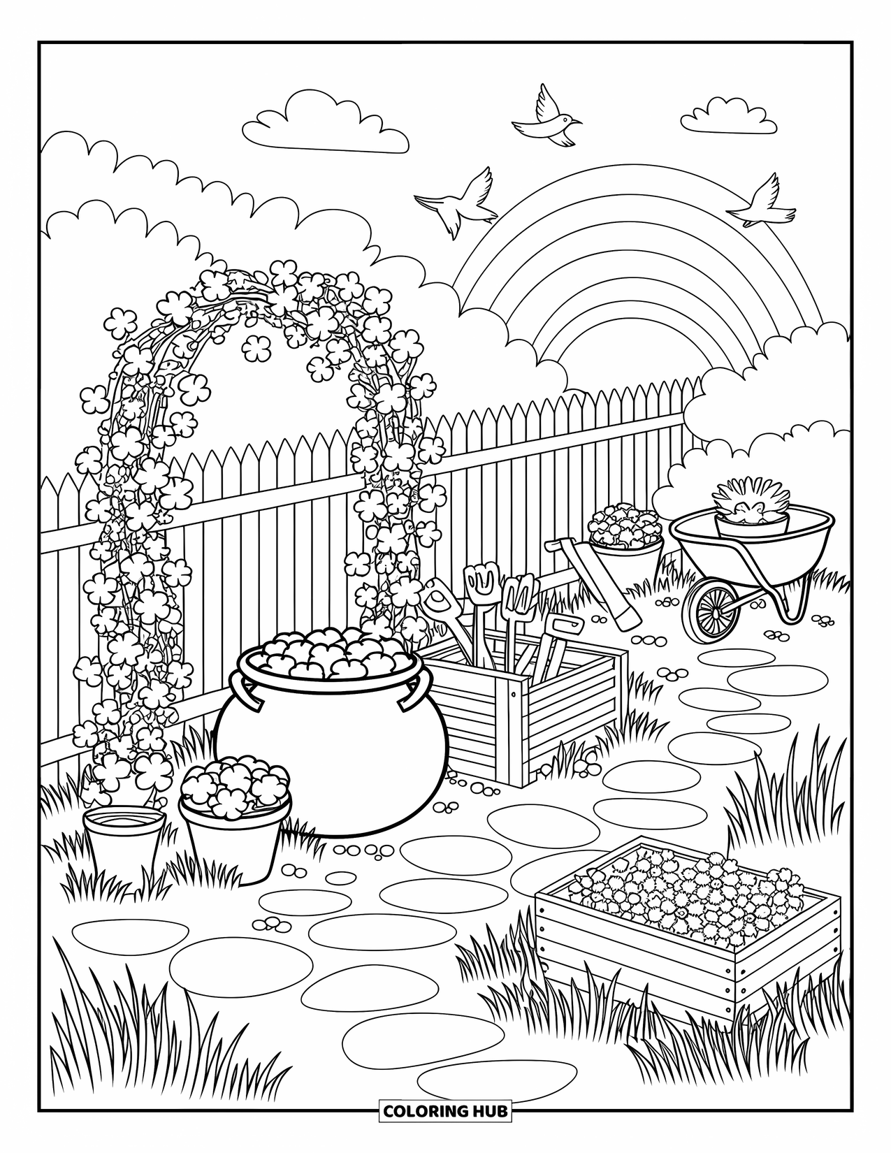 Pot Of Gold Coloring Page for Adults: Whimsical garden scene with pot of gold, vine arch, rainbow, and birds