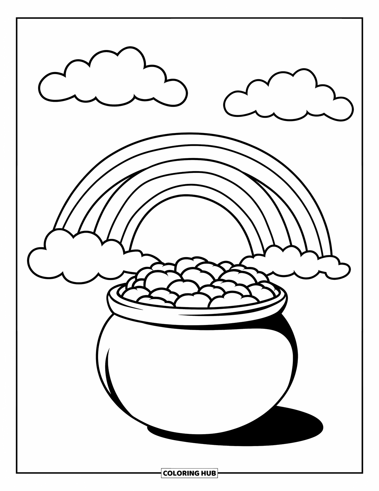 Pot Of Gold Coloring Page for Kids: Big pot of gold sitting under a rainbow with fluffy clouds