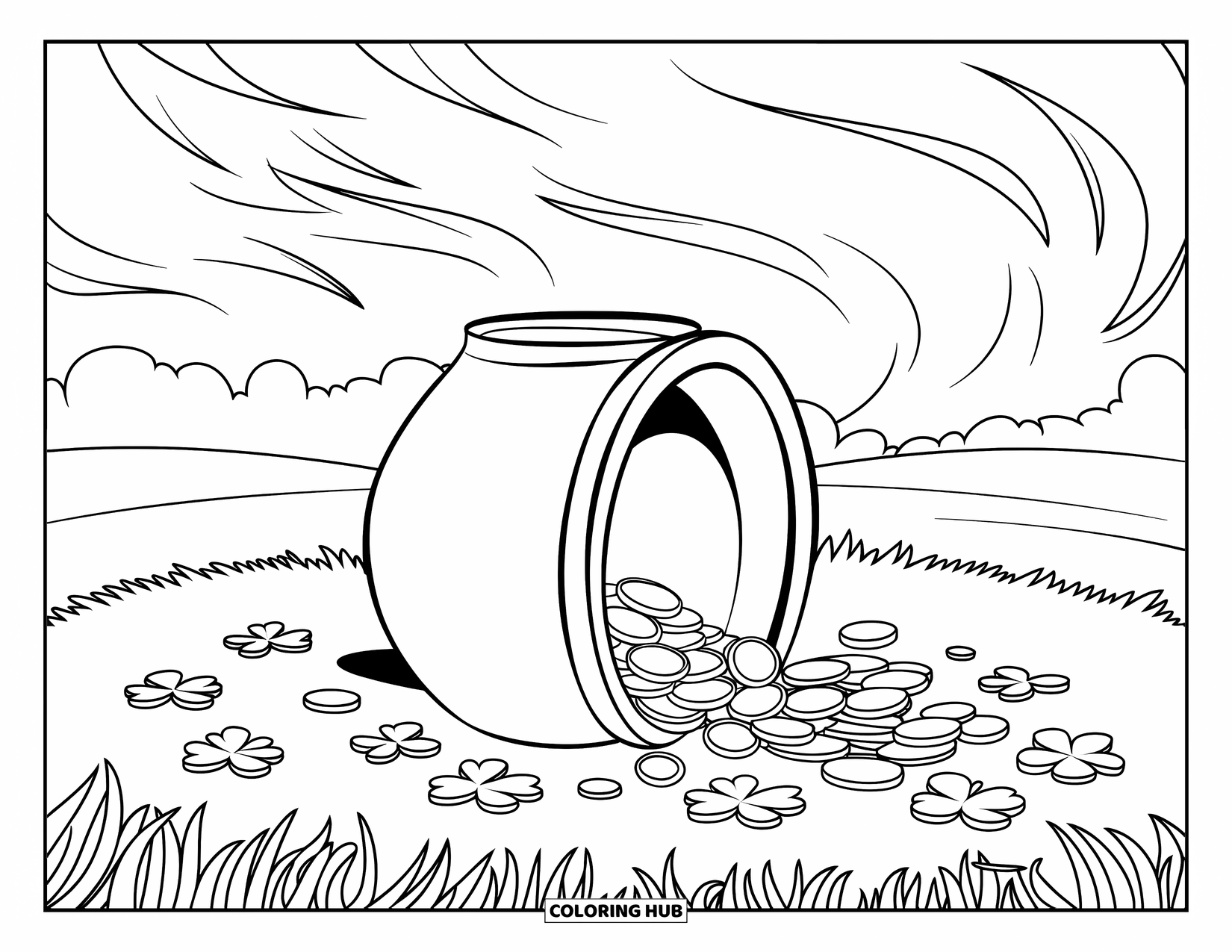 Pot Of Gold Coloring Page for Kids: Broken pot spilling gold coins into a clover patch under swirling clouds