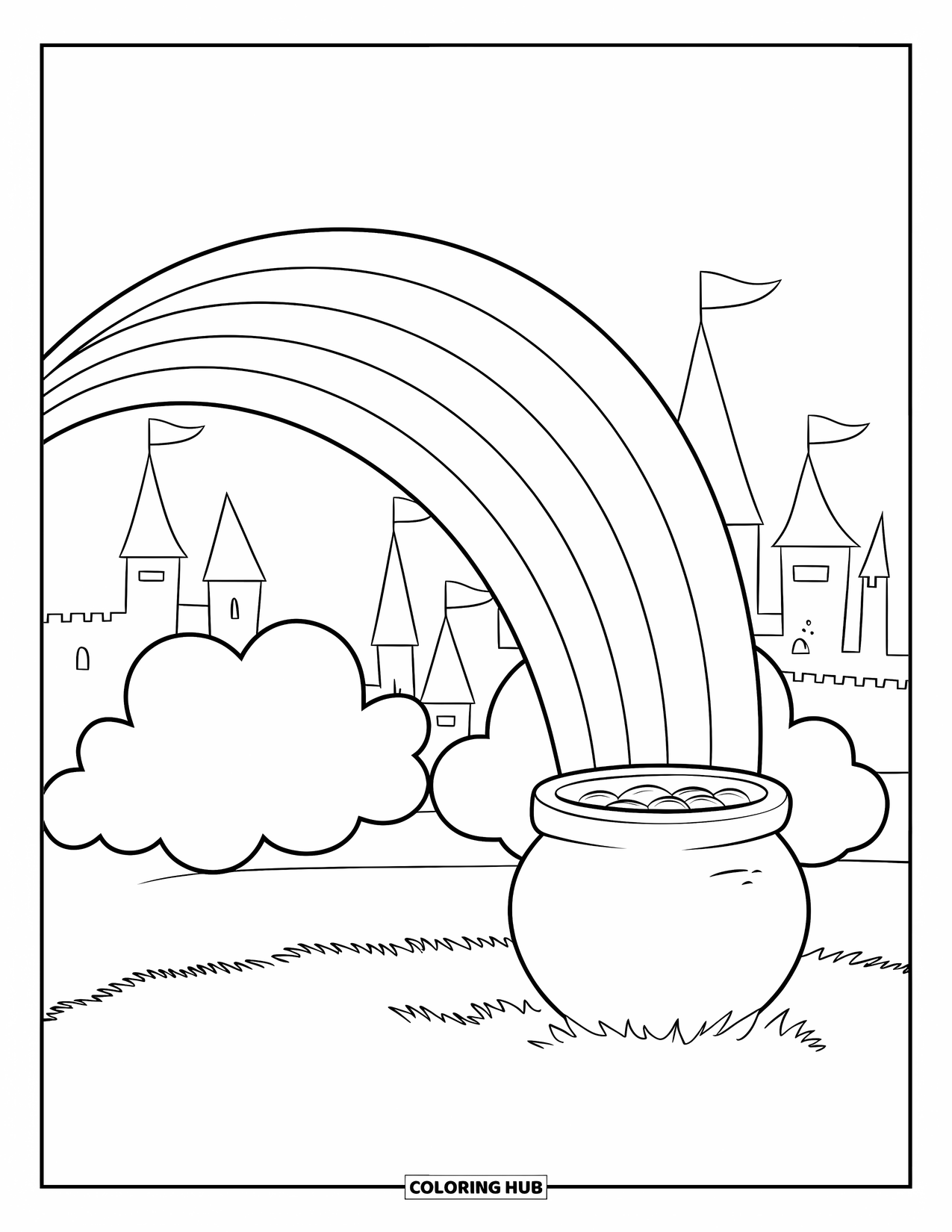 Pot Of Gold Coloring Page for Kids: Castle view behind a rainbow ending with a pot of gold