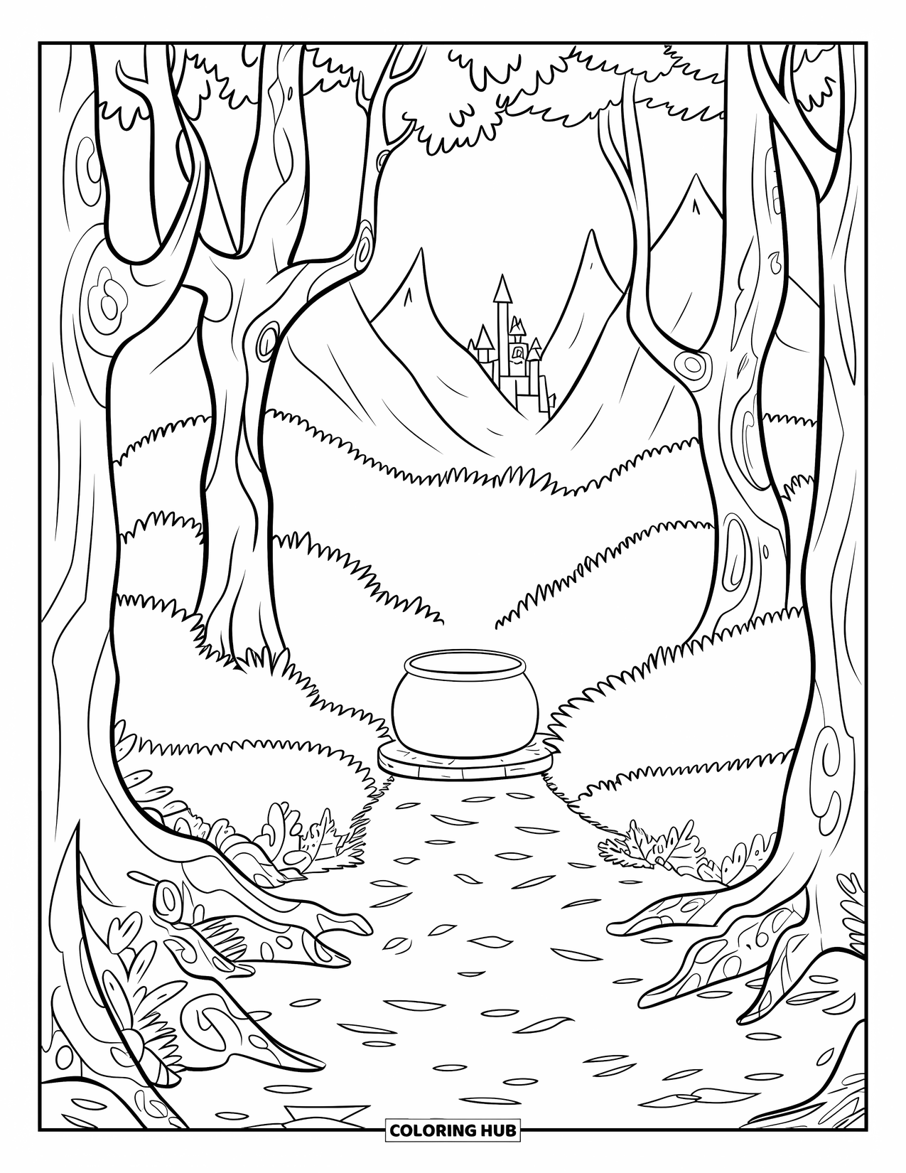 Pot Of Gold Coloring Page for Kids: Clearing with a glowing pot of gold on a stone pedestal in the forest