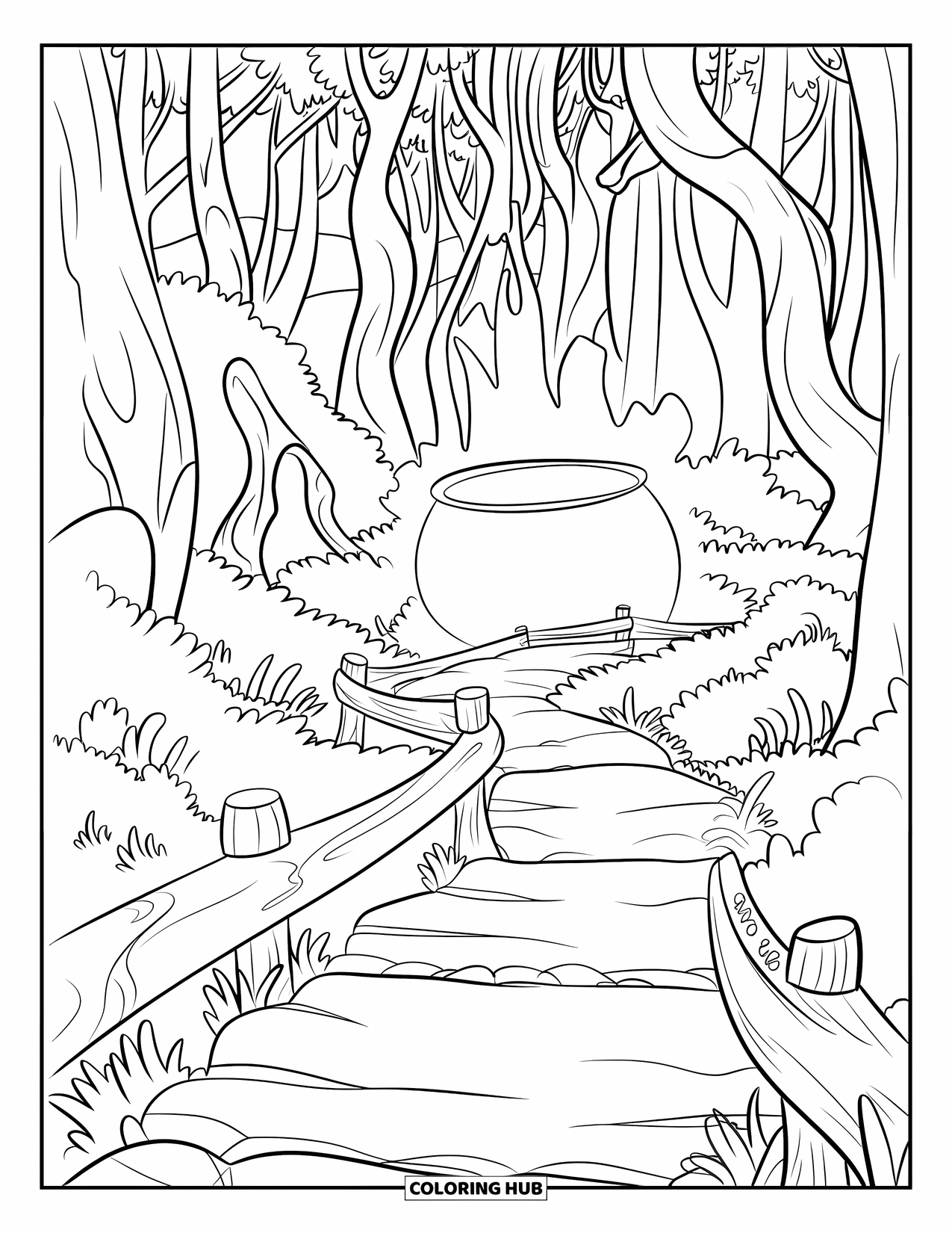 Pot Of Gold Coloring Page for Kids: Forest path leading to a glowing pot of gold at the end