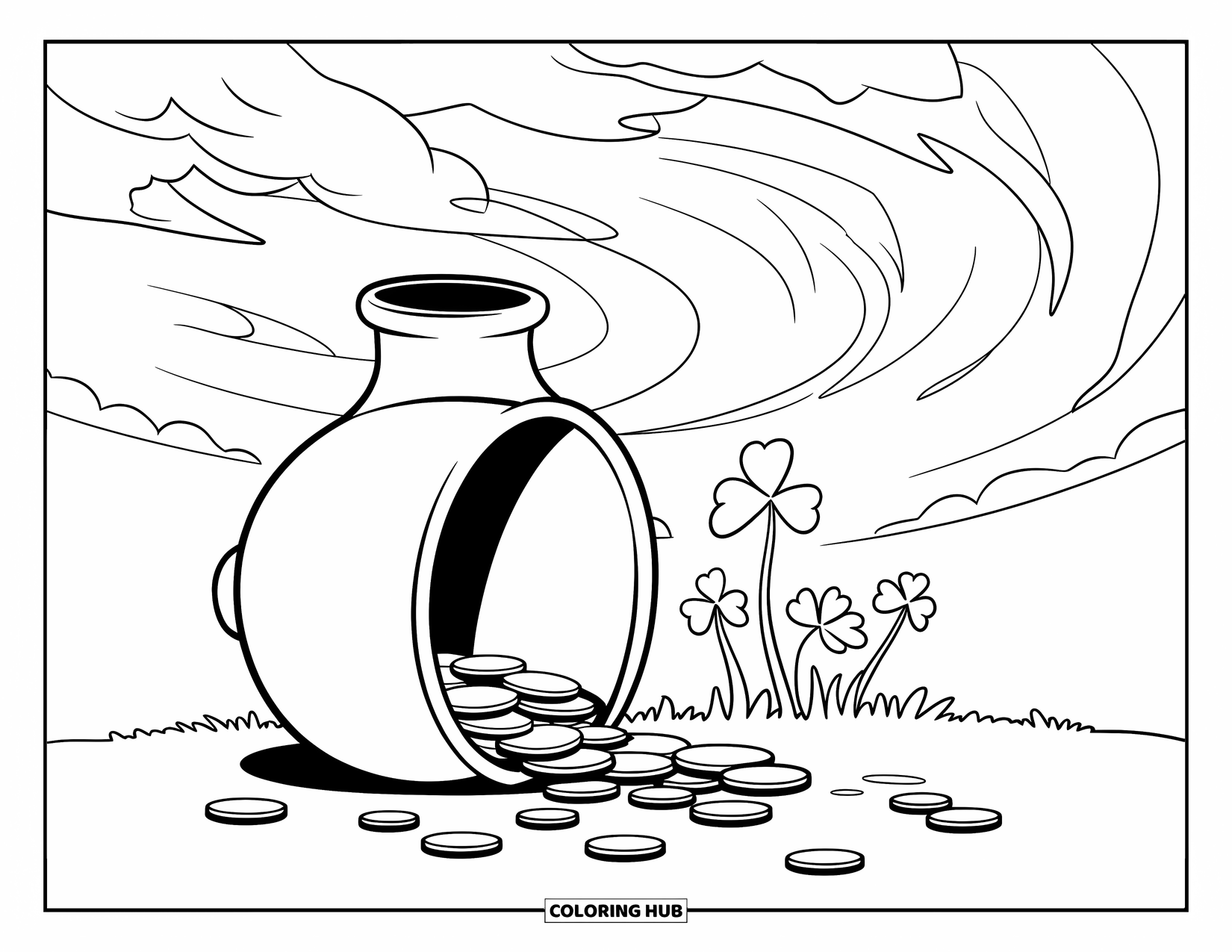 Pot Of Gold Coloring Page for Kids: Gold spilling from a broken pot into clovers beneath a swirling sky