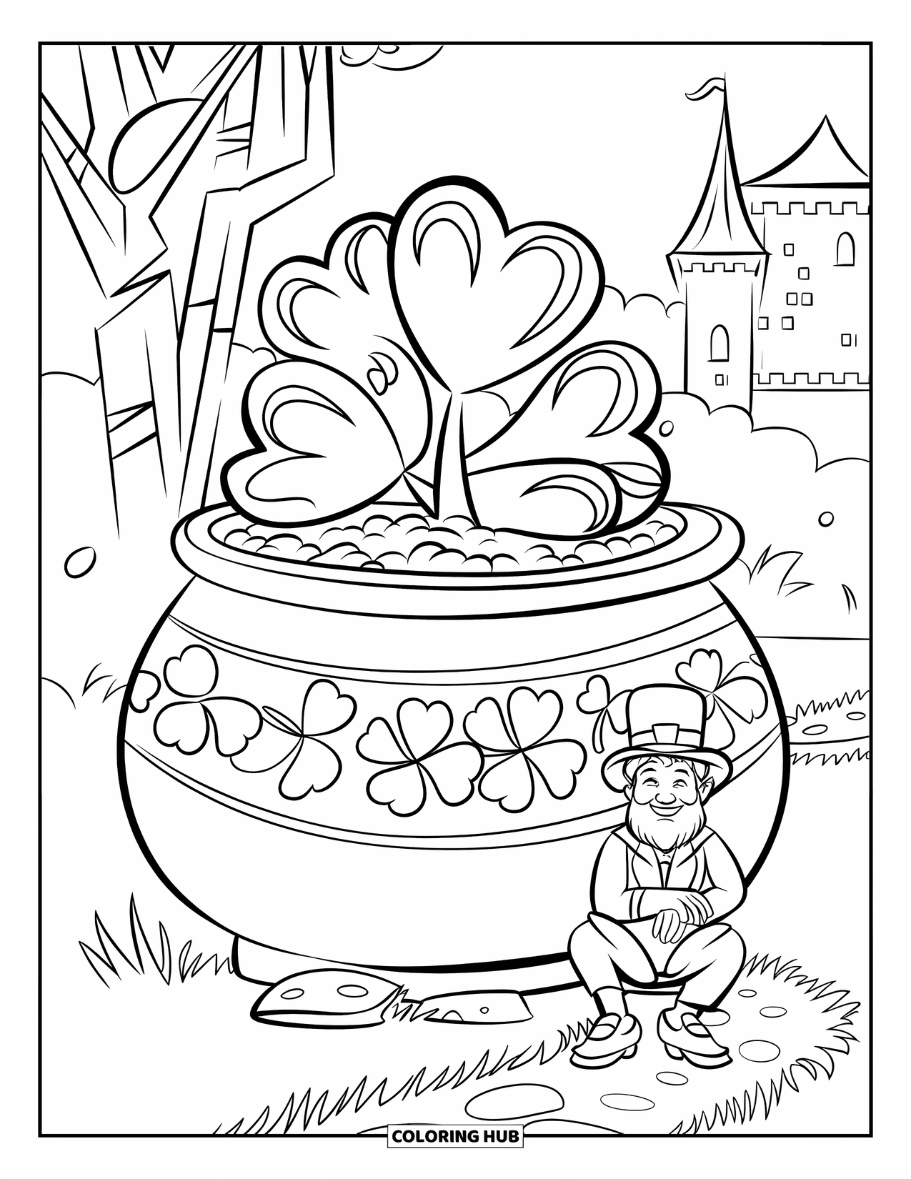 Pot Of Gold Coloring Page for Kids: Leprechaun sitting next to a pot of gold with shamrock designs