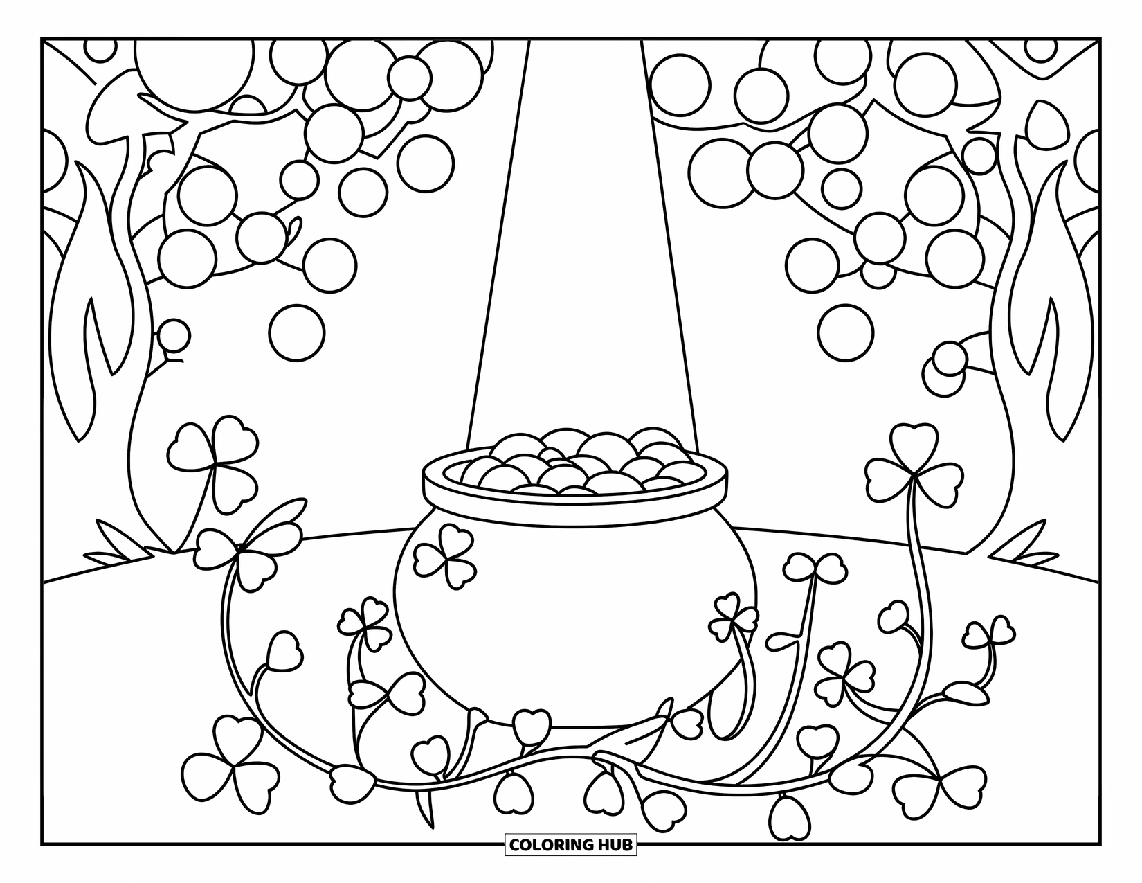 Pot Of Gold Coloring Page for Kids: Magical glade with a pot of gold surrounded by clovers and vines