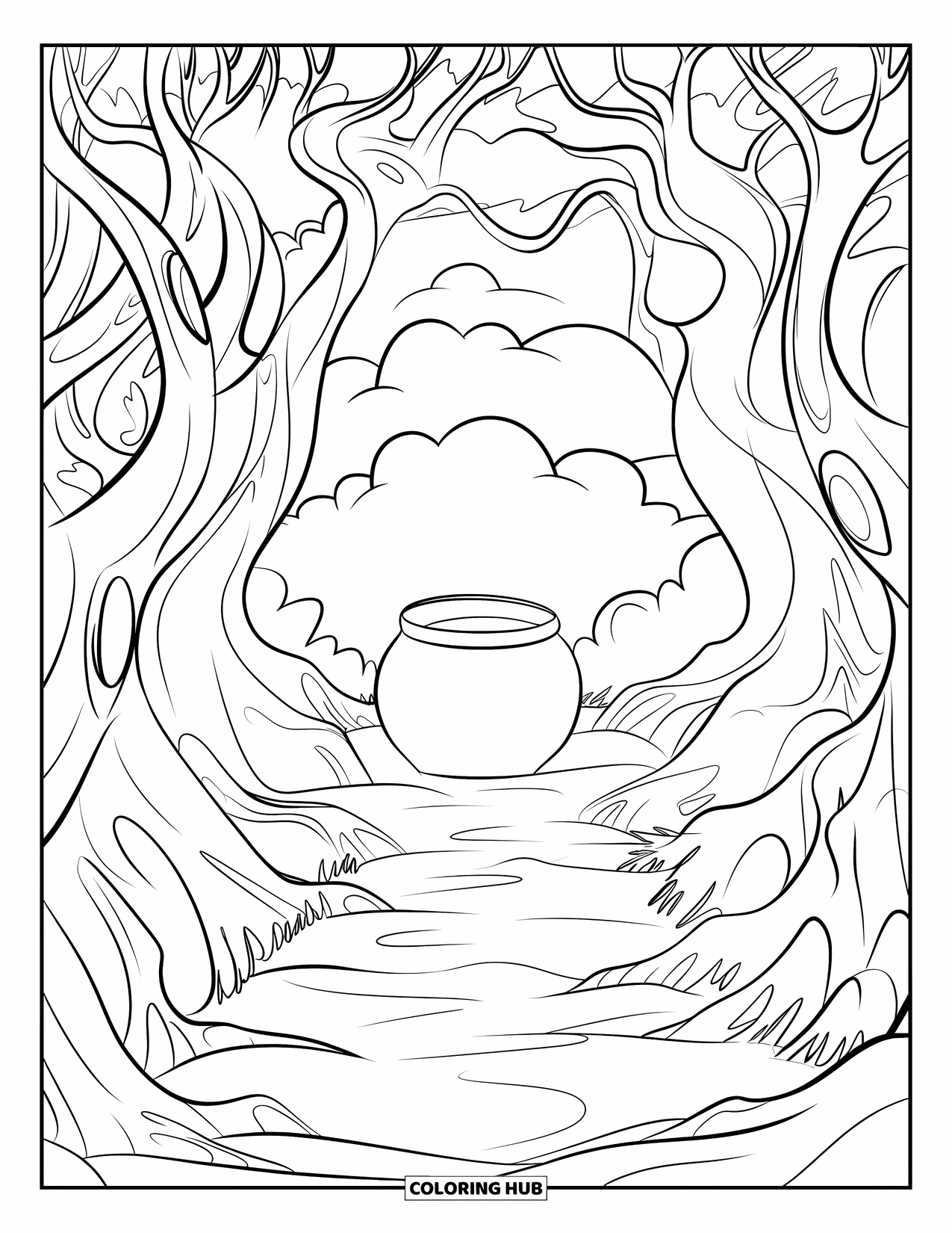 Pot Of Gold Coloring Page for Kids: Mysterious path through twisted trees leading to a glowing pot of gold