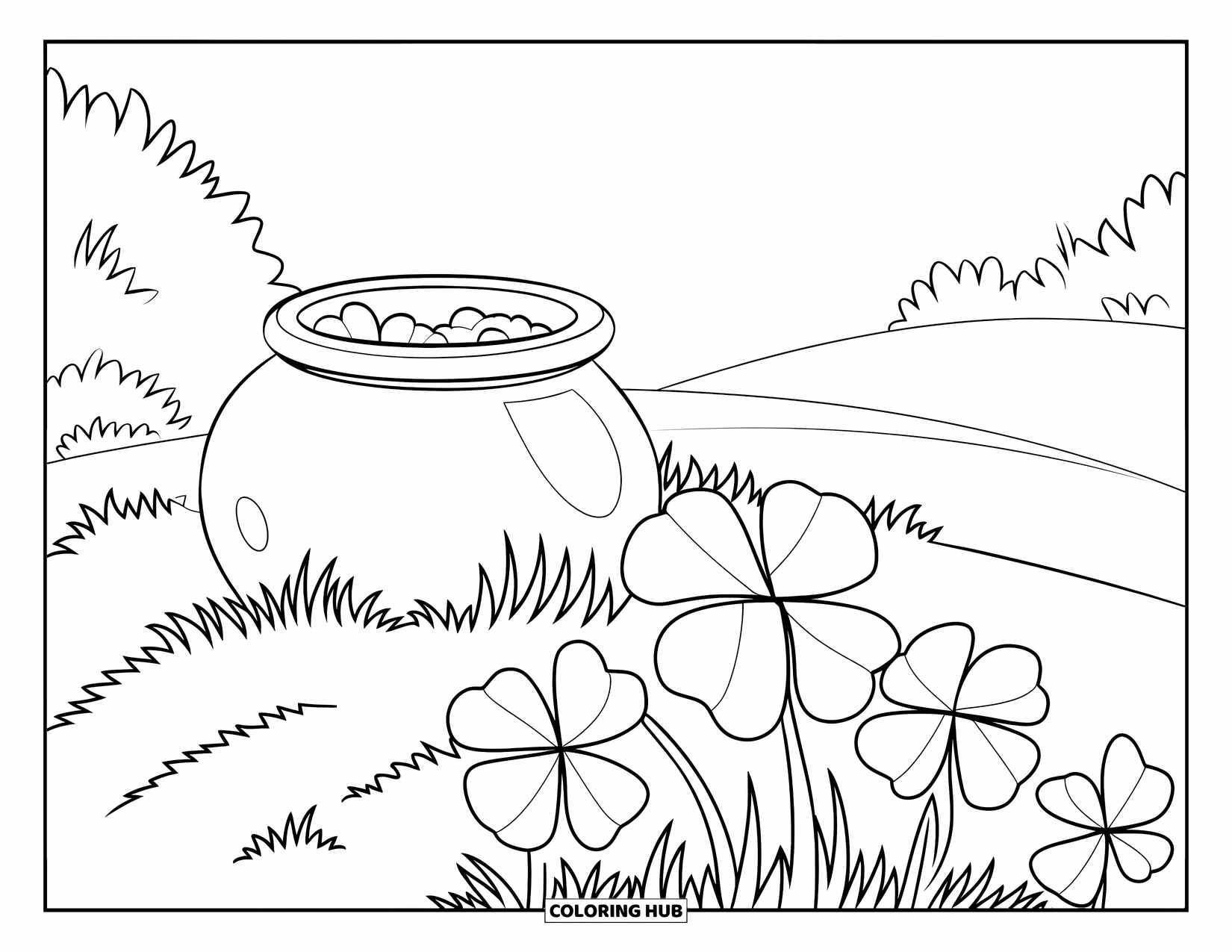 Pot Of Gold Coloring Page for Kids: Peaceful hilltop pot of gold with three clovers and open sky