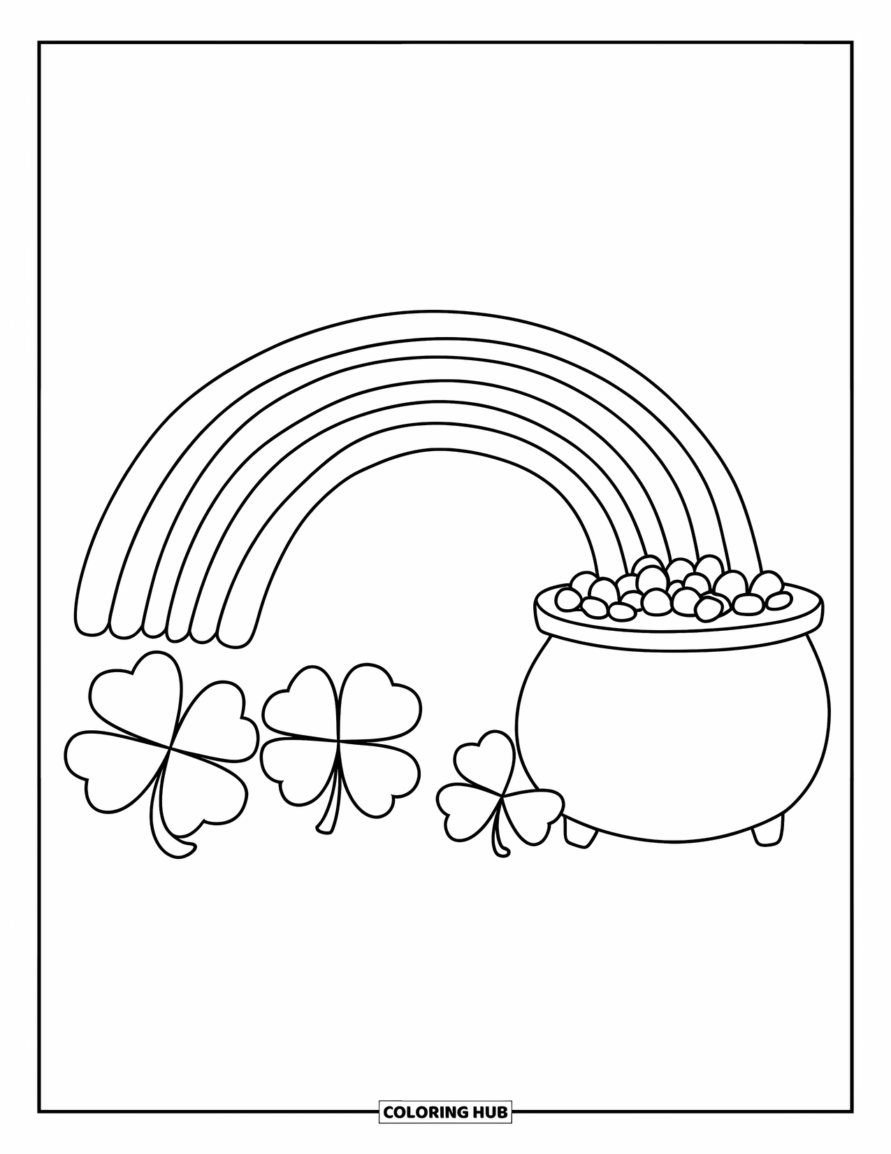 Pot Of Gold Coloring Page for Kids: Pot of gold at rainbow's end with three clovers on grassy ground