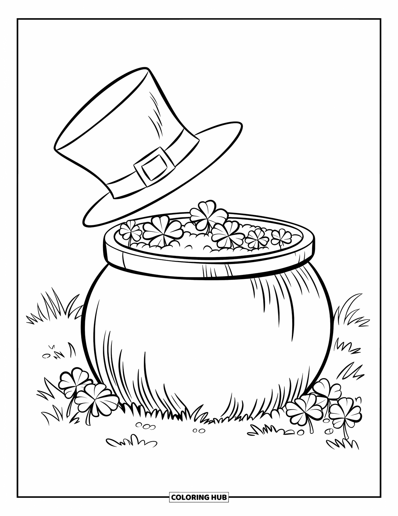 Pot Of Gold Coloring Page for Kids: Pot of gold half-buried in clovers with a tilted leprechaun hat