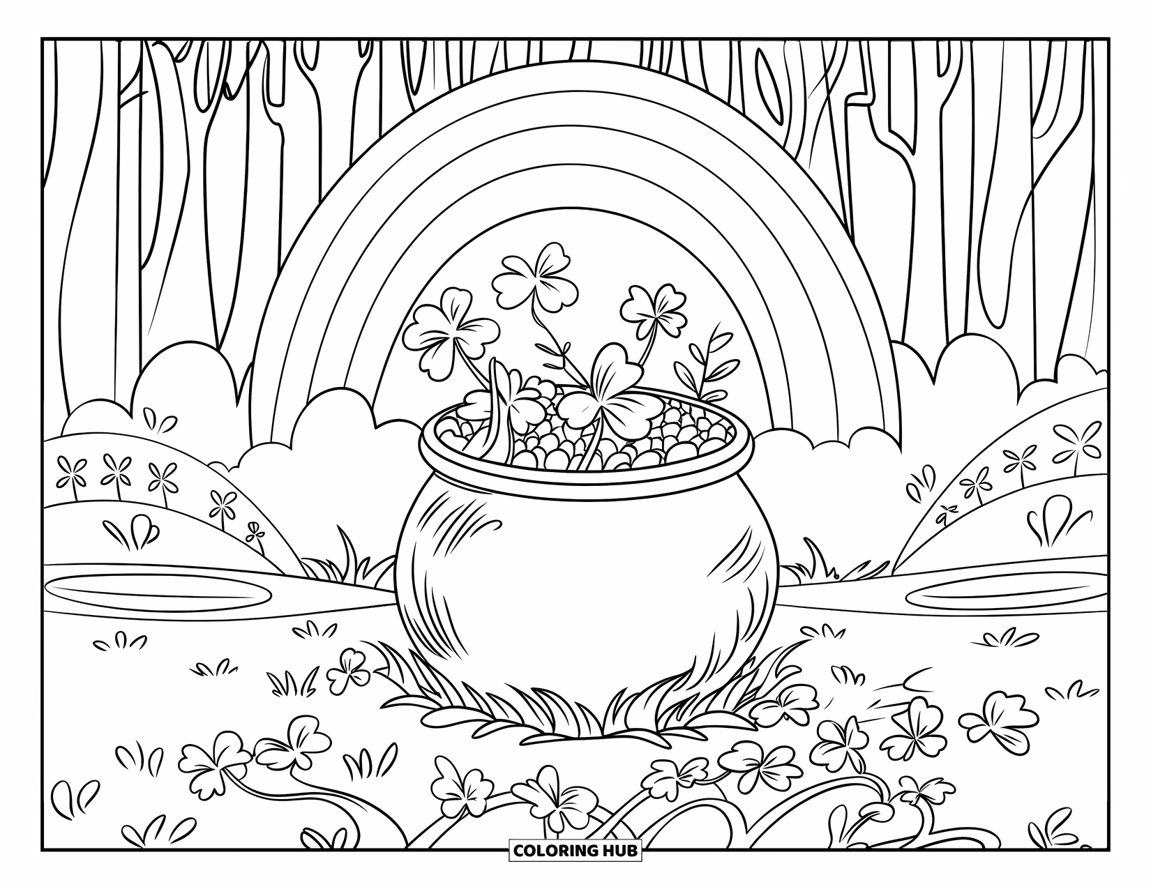 Pot Of Gold Coloring Page for Kids: Pot of gold in a forest glade with clovers and glowing rainbow light