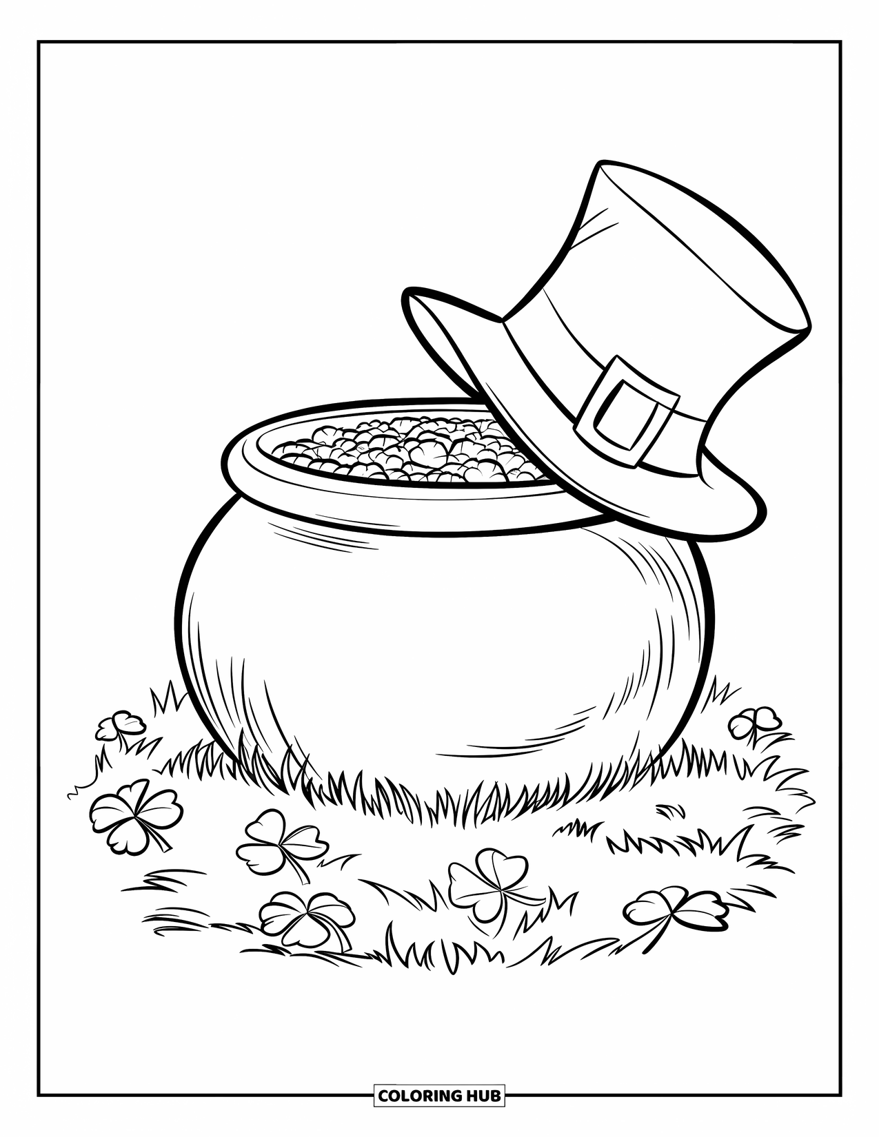 Pot Of Gold Coloring Page for Kids: Pot of gold in clover patch with a leprechaun hat tilted on top