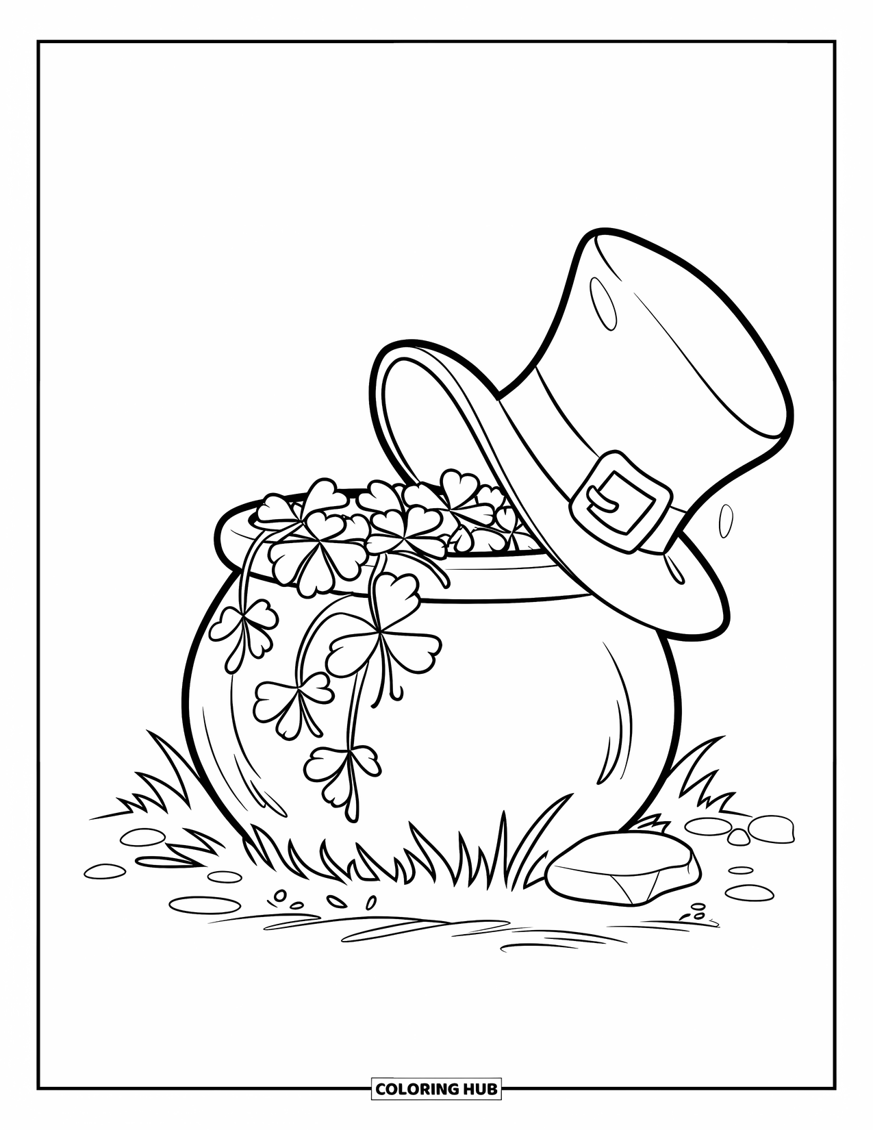 Pot Of Gold Coloring Page for Kids: Pot of gold on a stone with clovers and a leprechaun hat