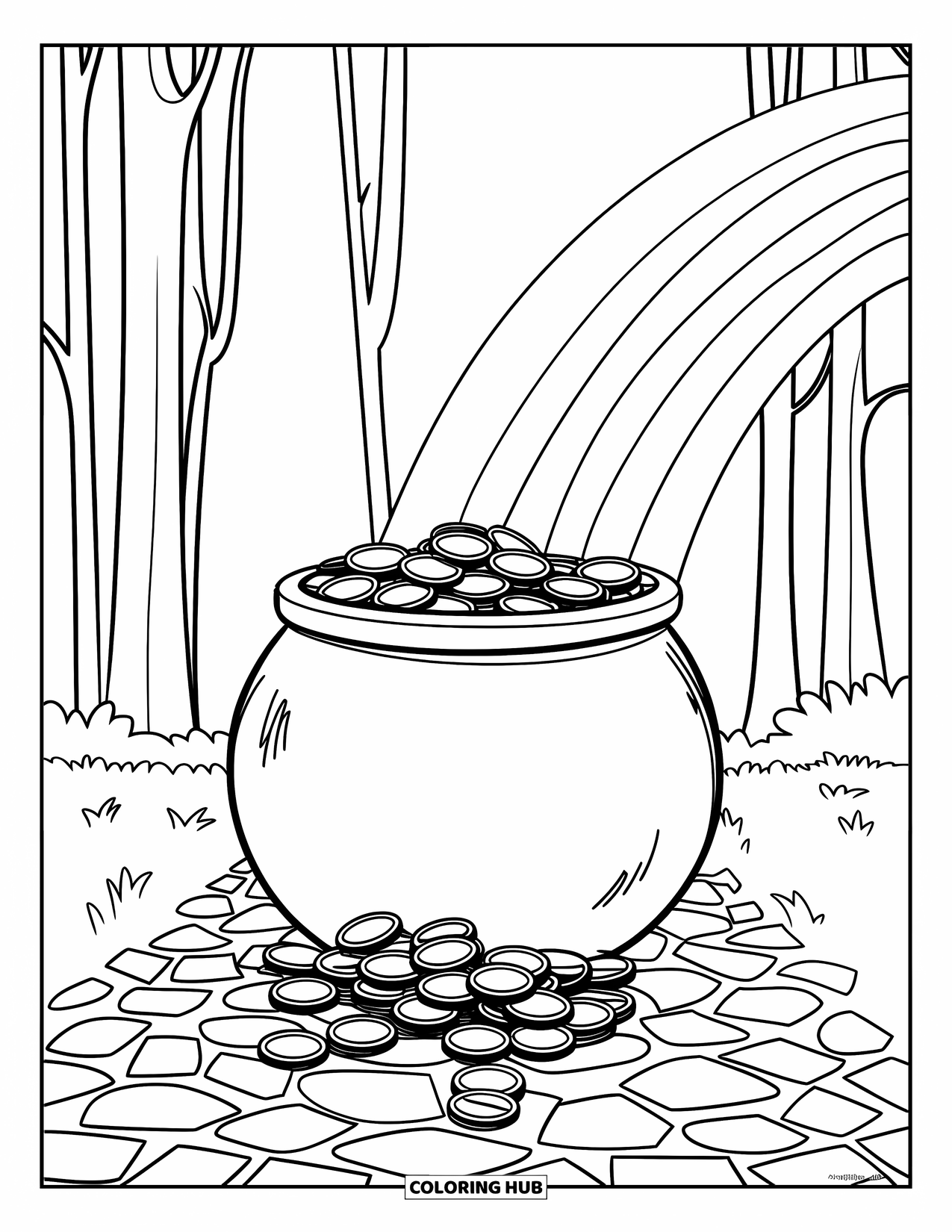 Pot Of Gold Coloring Page for Kids: Pot of gold spilling coins down a cobblestone path with rainbow above